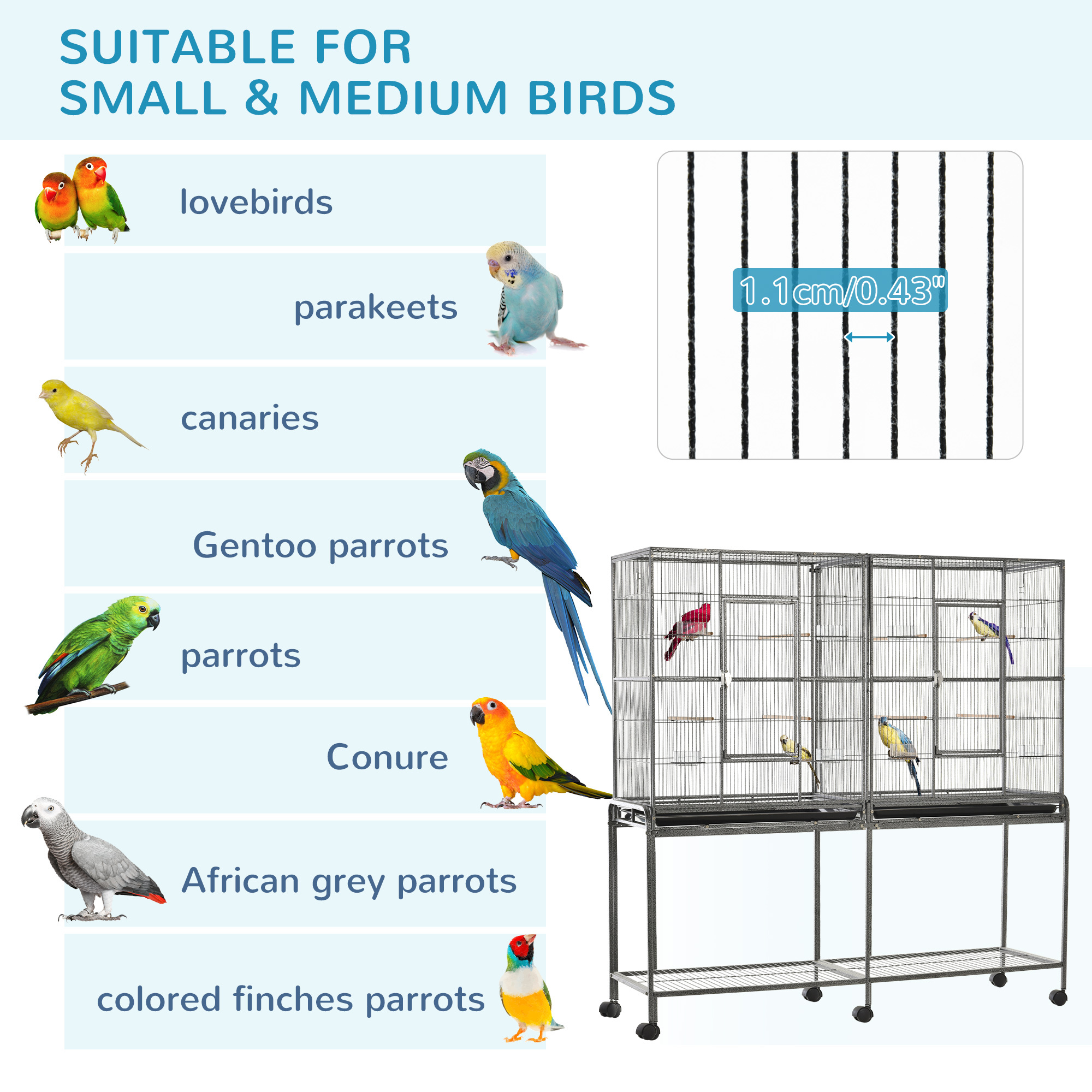 Rolling 65"L Bird Cage w/ Storage Shelf Wood Perch Food Container - Image 3