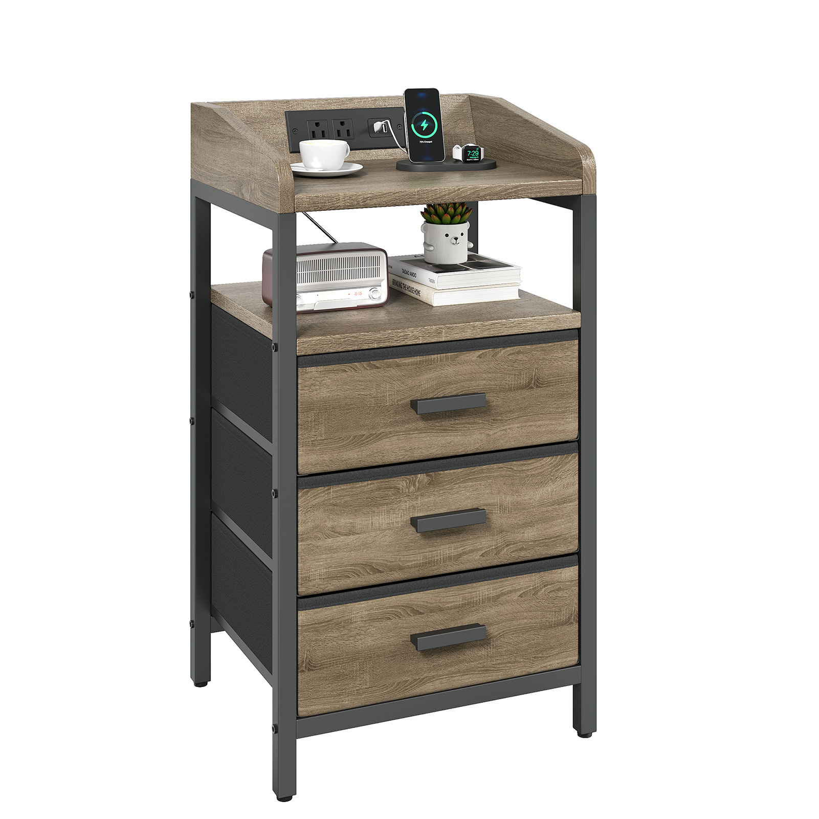2 Pack Night Stand With Charging Station And Light Bedside End Table With 3 Fabric Drawers 2 USB Ports And Outlets For Bedroom - Image 8