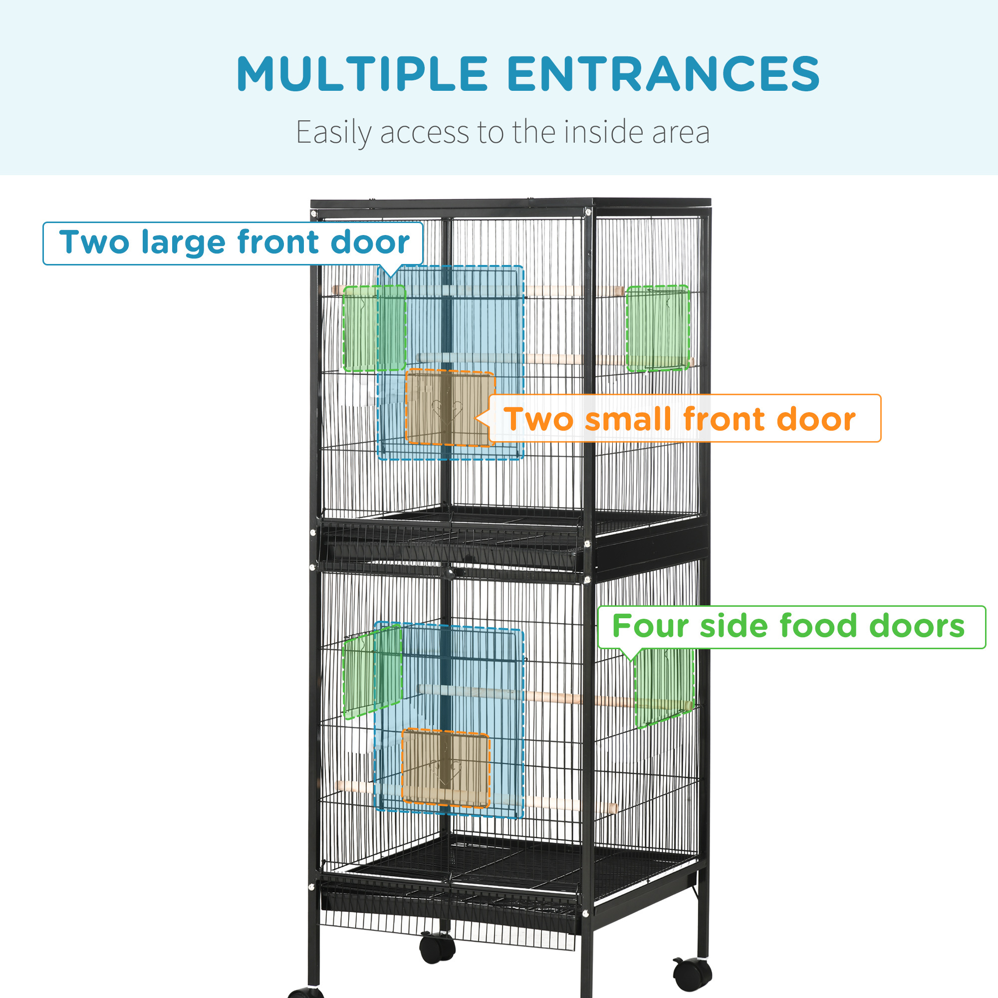 55" 2 In 1 Bird Cage Aviary Parakeet House for finches, budgies with Wheels, Black - Image 3