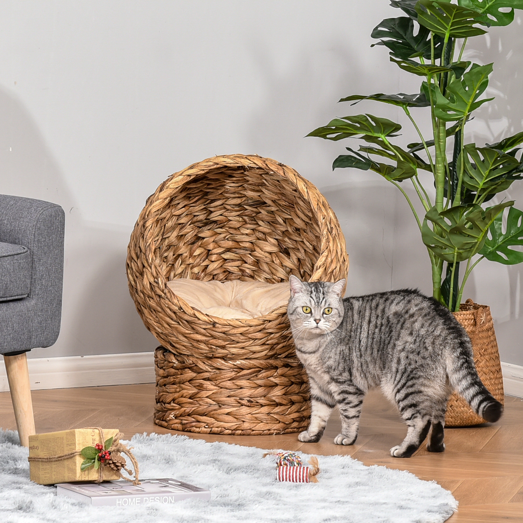 Handwoven Elevated Cat Bed with Soft Cushion & Egg Chair Shape, Basket Bed Kitty House with Stand, Raised Wicker House for Indoor Cats, 23.5" H, Light Brown - Image 2