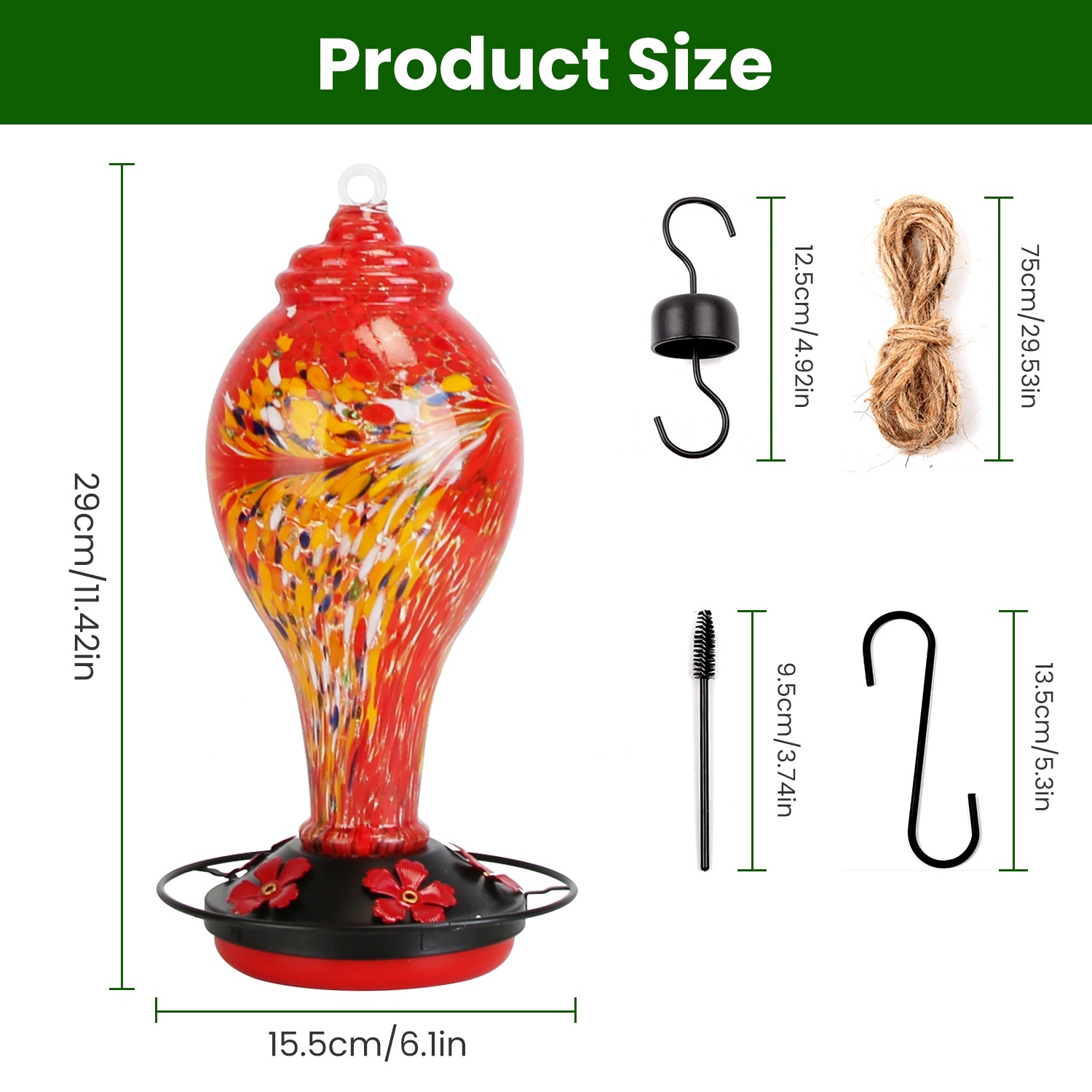 1Pc Glass Hummingbird Feeder 33OZ Hand Blown Hummingbird Feeder With 5 Flower Feeding Port Perch Ant Moat Hanging Hook S Hook Hemp Rope Cleaning Brush For Garden Decor - Image 3