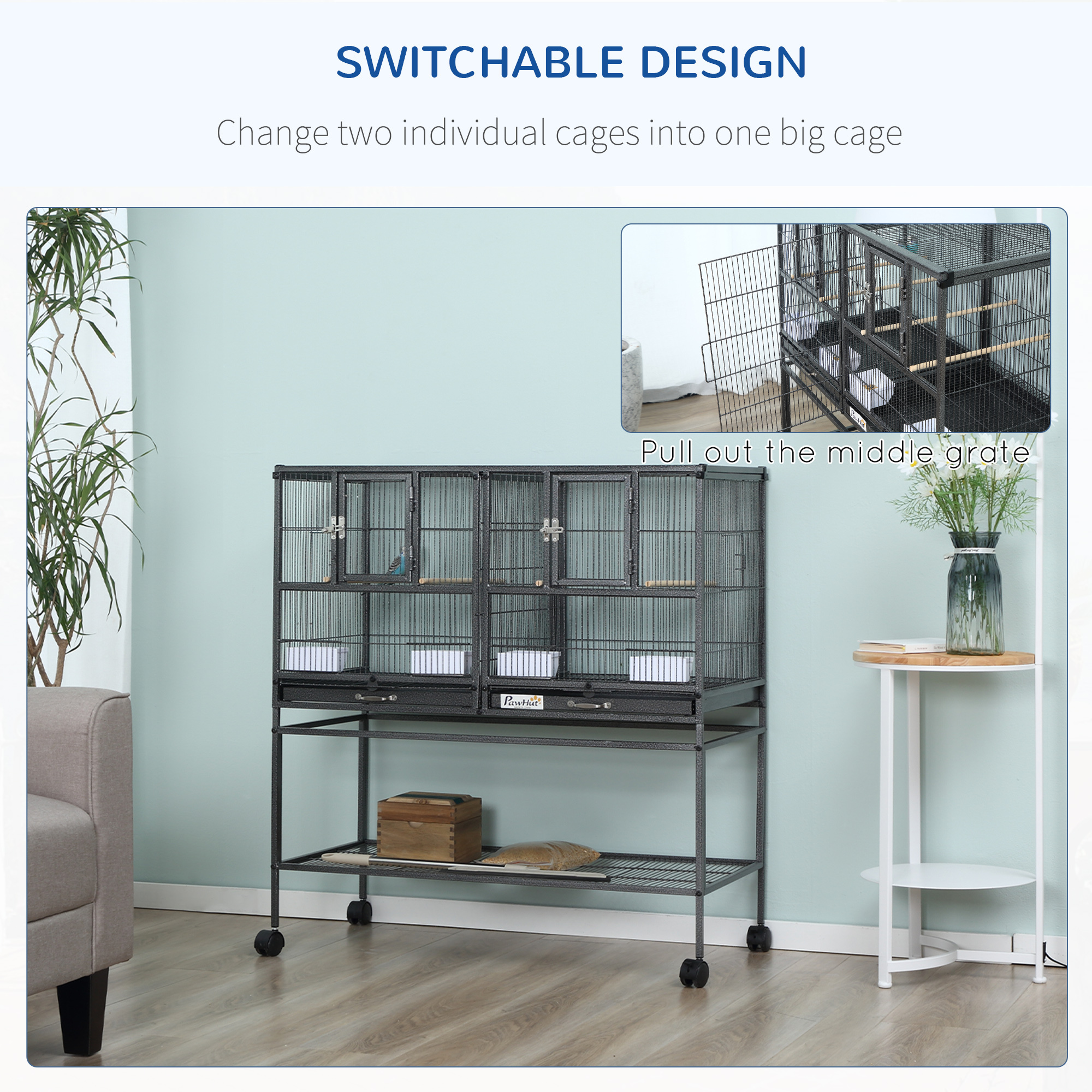 Divided Breeder Bird Cage with Rolling Stand Removable Metal Tray, Storage Shelf, Wood Perch, and Food Container - Image 3