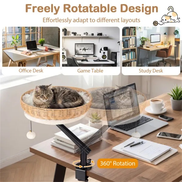 360° Rotatable Desktop Cat Bed Perch, 2-in-1 Workspace Cat Retreat With Jingling Ball (Natural + Black + White) - Image 4