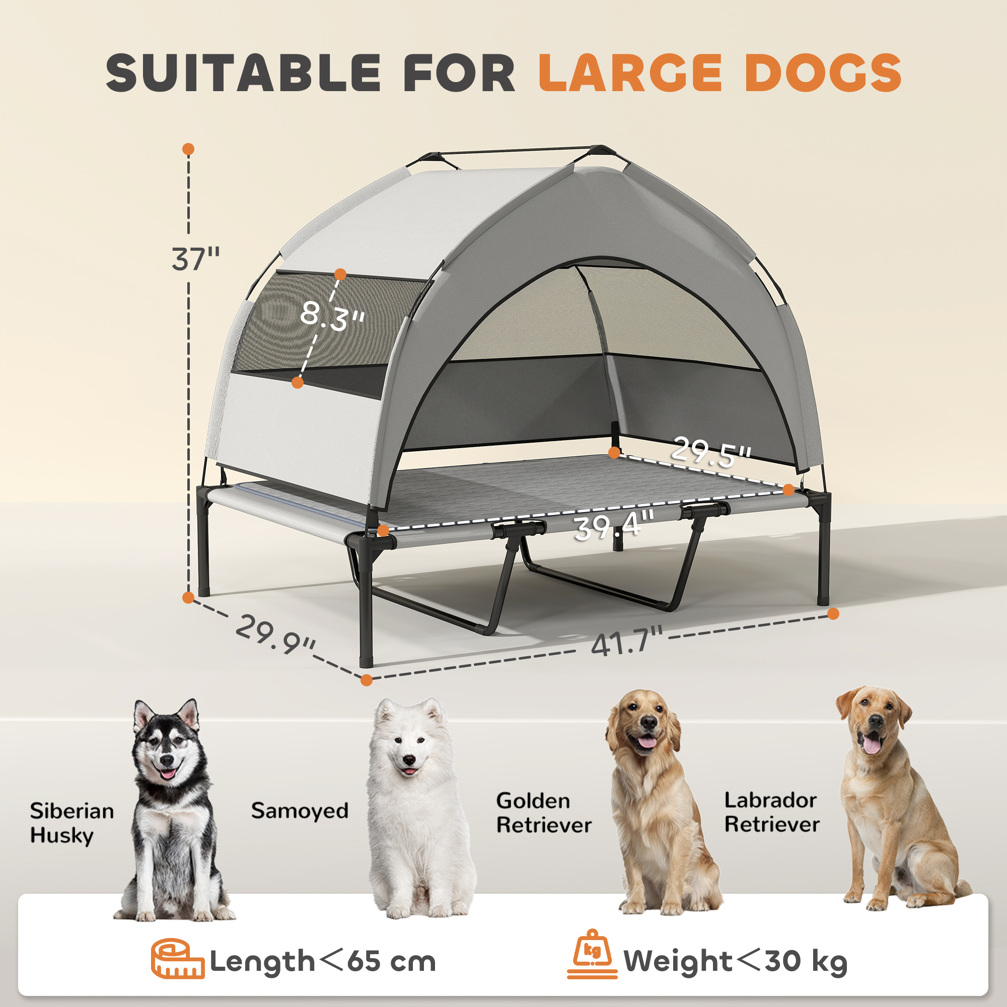 Elevated Dog Bed with Removable Canopy, Portable Outside Raised Pet Cot with Cooling Pad, Storage Bag, 42" x 30" x 37" - Image 2