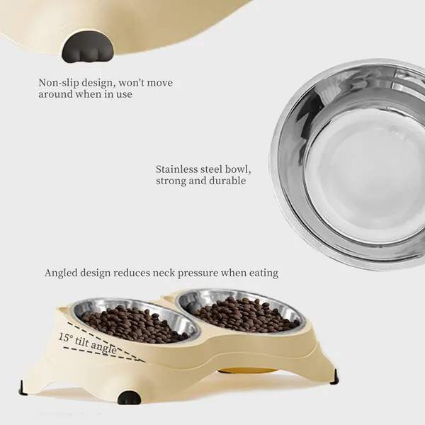 Anti Slip Base Double Cat Food Bowl, White Stainless Steel Food And Water Bowl, Easy To Clean And Detachable Design, Cat And Dog Pet Feeder - Image 3