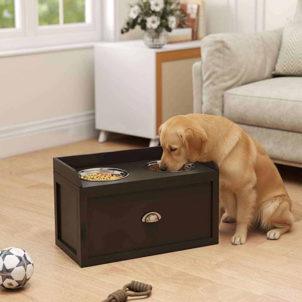 Pet Feeding Station Pet Dish Bowl Set with Storage, 2 Elevated Dog Bowls for Large Sized Dogs, Coffee