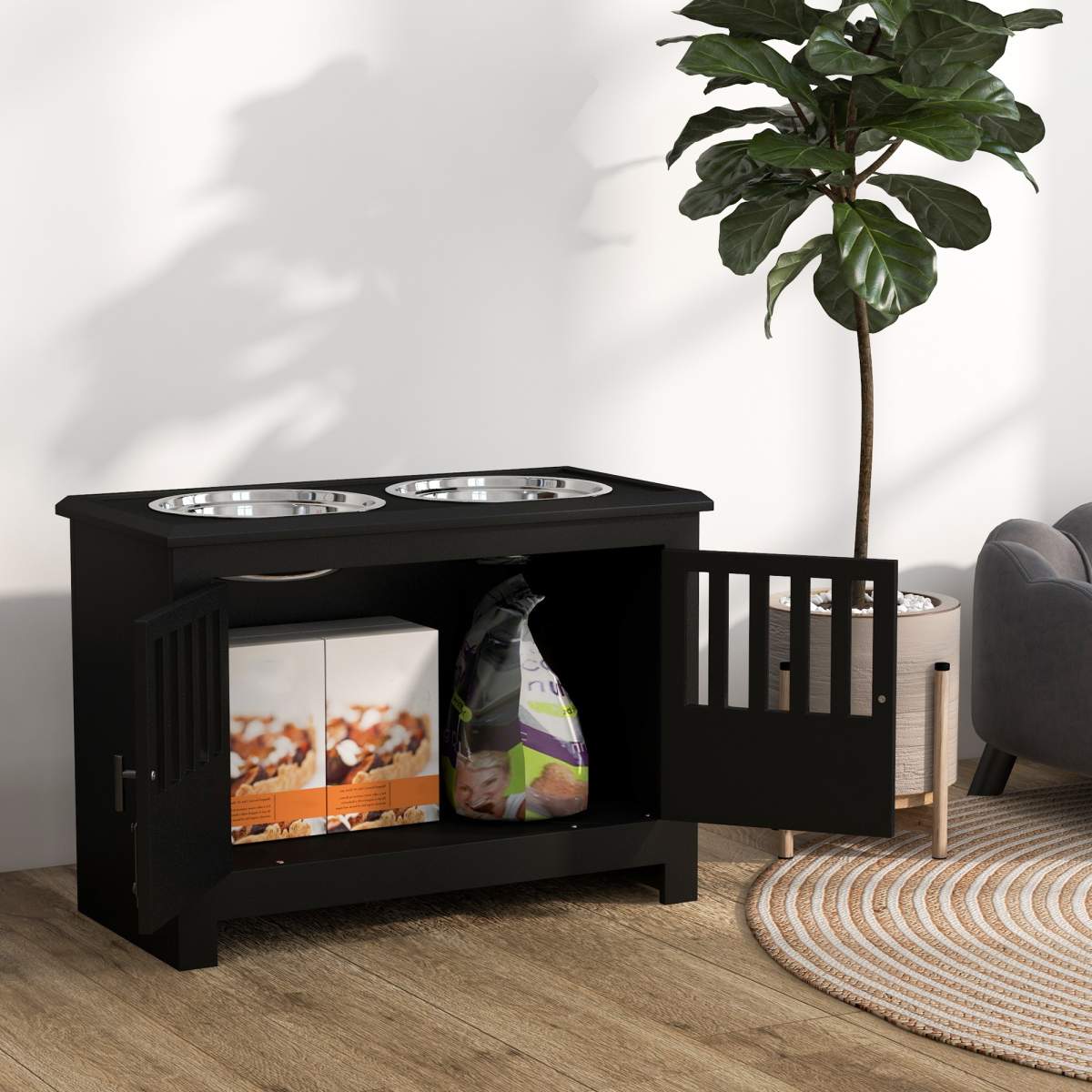 Dog Food Storage Cabinet with Bowls & Dog Feeding Station, Black - Image 4