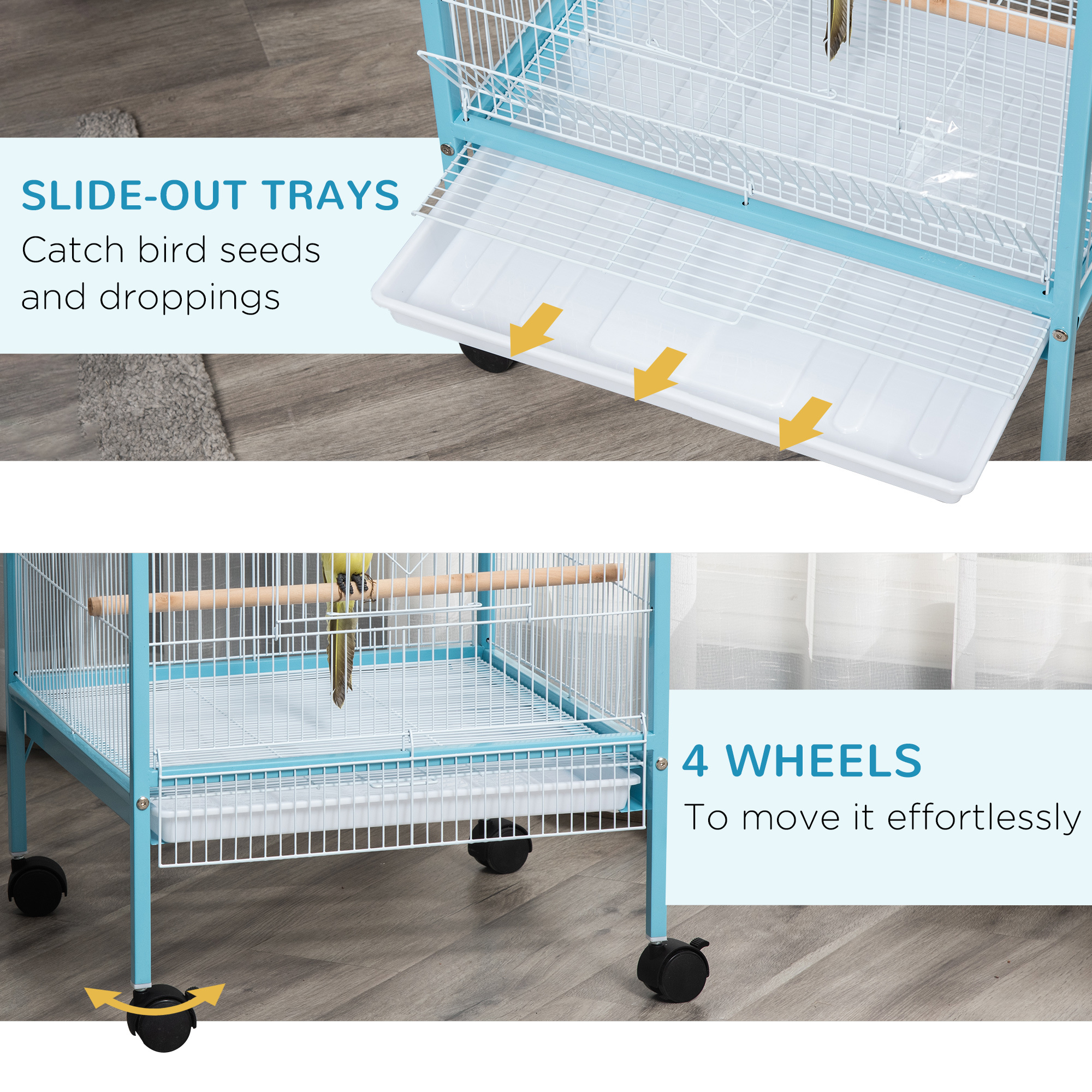 55" 2 In 1 Bird Cage Aviary Parakeet House for finches, budgies with Wheels, Light Blue - Image 6