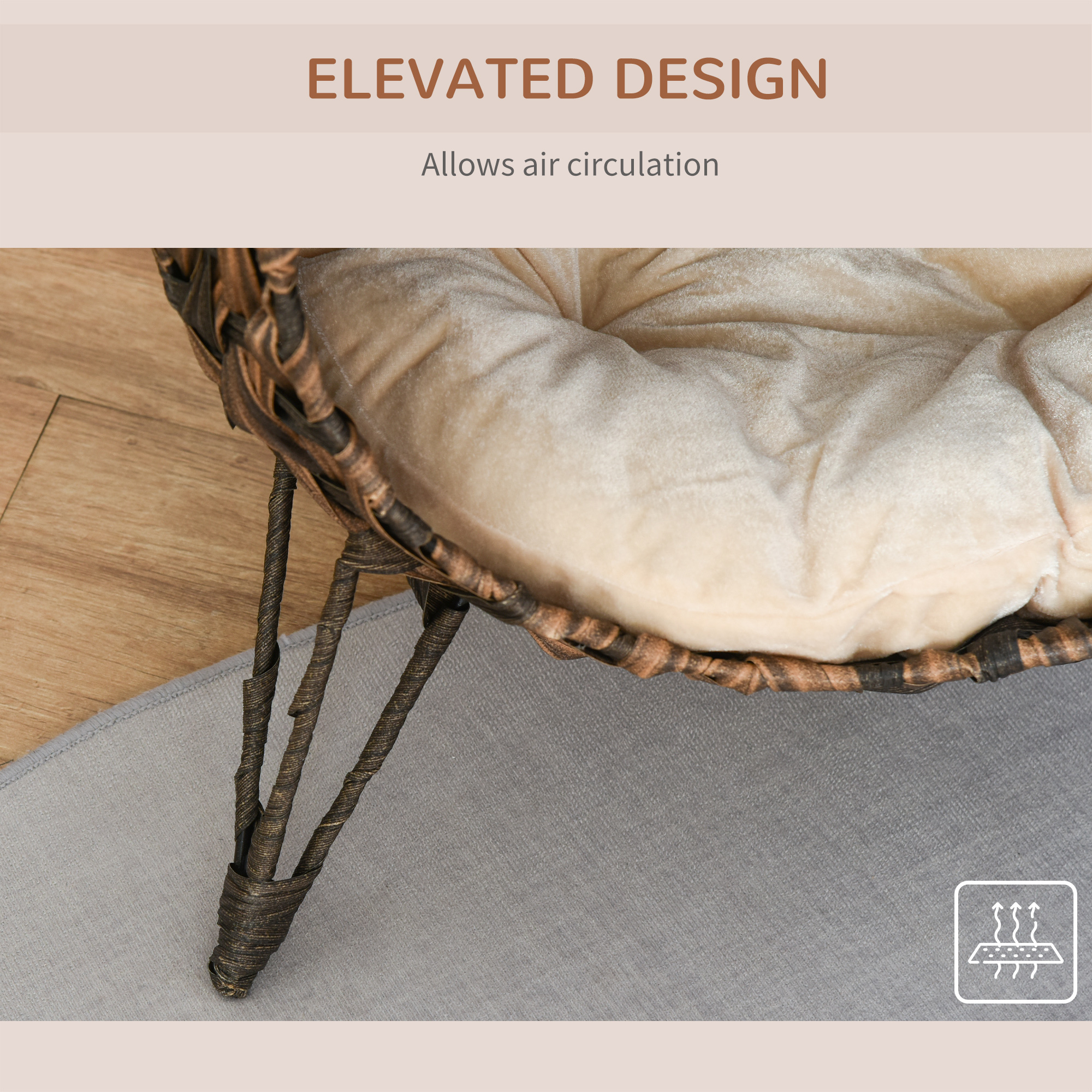 20.5" Weaved Cat Bed, Elevated Hand-woven Braided Banana Leaf Kitten House Condo with Cushion, Brown - Image 8