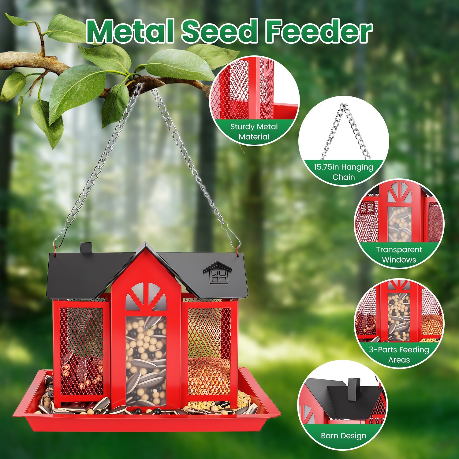 1Pc Metal Hanging Bird Feeder House Classic Barn Bird Feeder House Iron Hanging Outdoor Feeder With Visible Window And Lift Top Lid 15.75in Hanging Length Wild Birds Garden Yard - Image 6