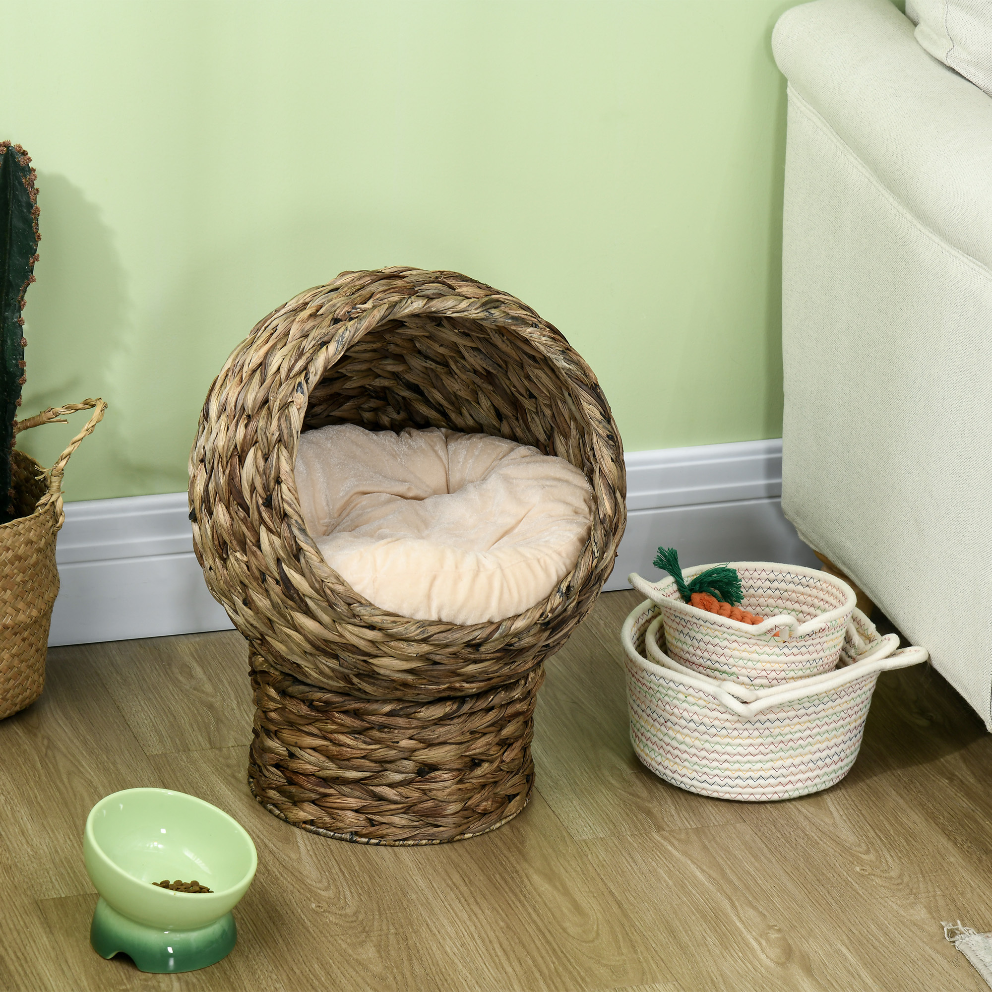 Handwoven Elevated Cat Bed with Soft Cushion & Egg Chair Shape, Basket Bed Kitty House with Stand, Raised Wicker House for Indoor Cats, 20" H, Gray - Image 2