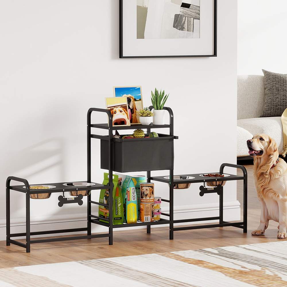 3 Height Adjustable Dog Bowl Stand Oxford Fabric With Features Four Bowls, Toy Bin Basket - Image 6