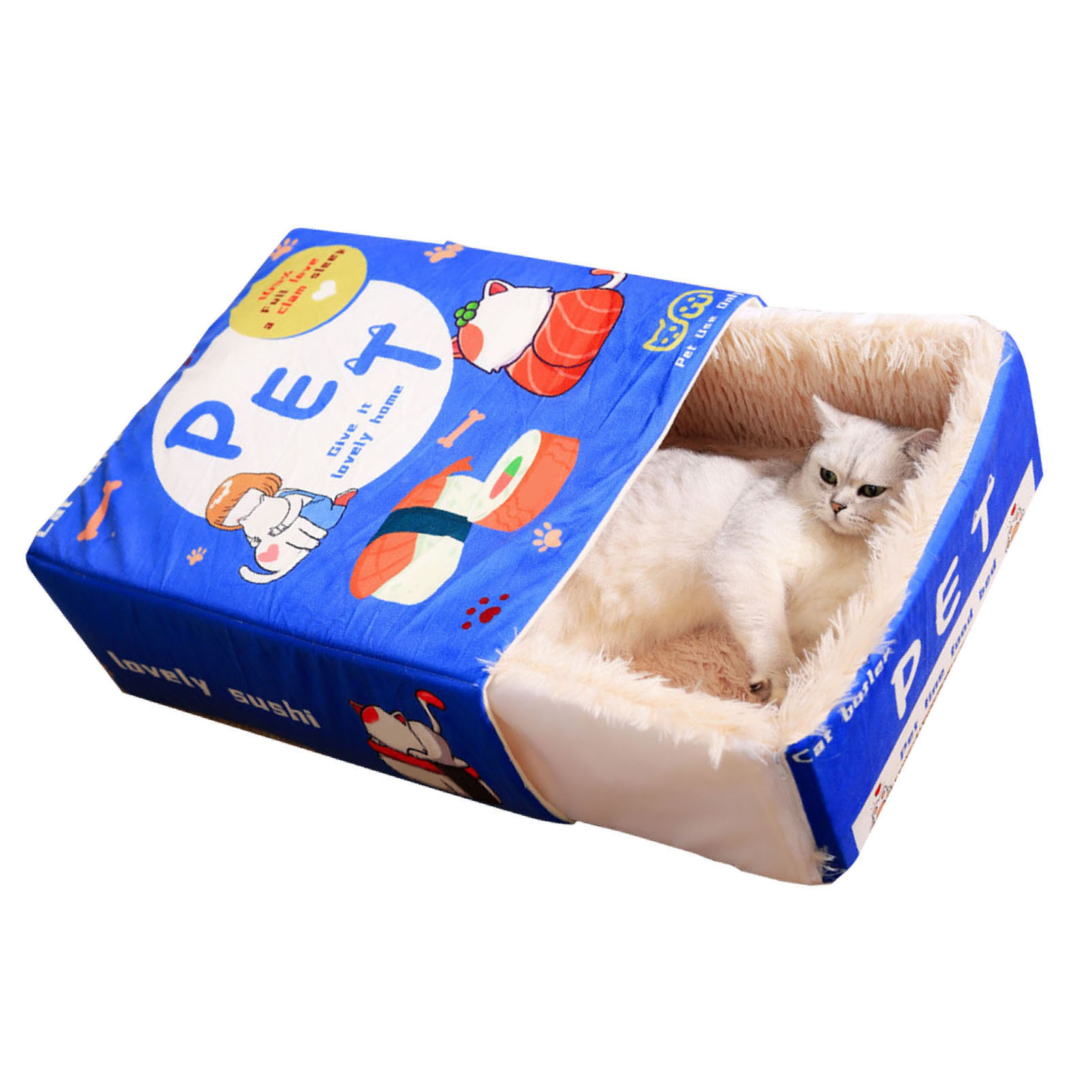 Snack Box Cat Bed Cartoon Rectangular Fully Enclosed Four Season Universal Multifunctional Soft Pet Bed For Home Travel Blue - Image 2