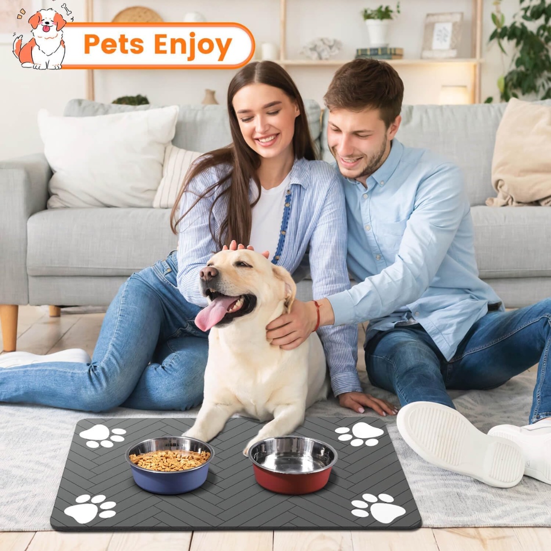 Absorbent Pet Feeding Mat 20x12 Inch, Waterproof Rubber Backing, Dark Gray Striped - Image 2