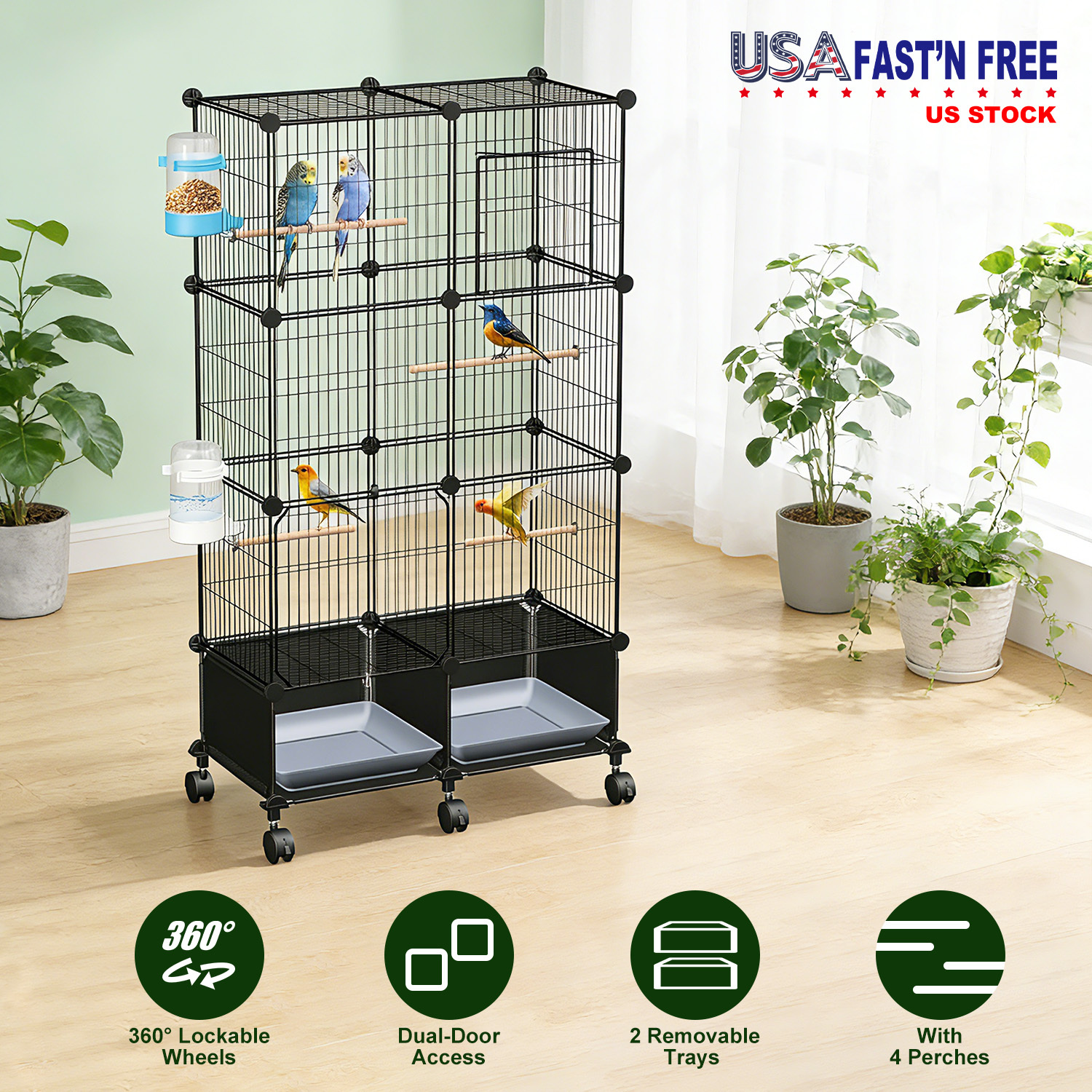 1Pc 46in Bird Cage Spacious Indoor Pet Bird House With 4 Wooden Perches 2 Slide-Out Tray 2 Water Bottle Feeder Lockable Wheels For Parrot Parakeets Cockatiel Lovebird Small Mid-Sized Birds - Image 8
