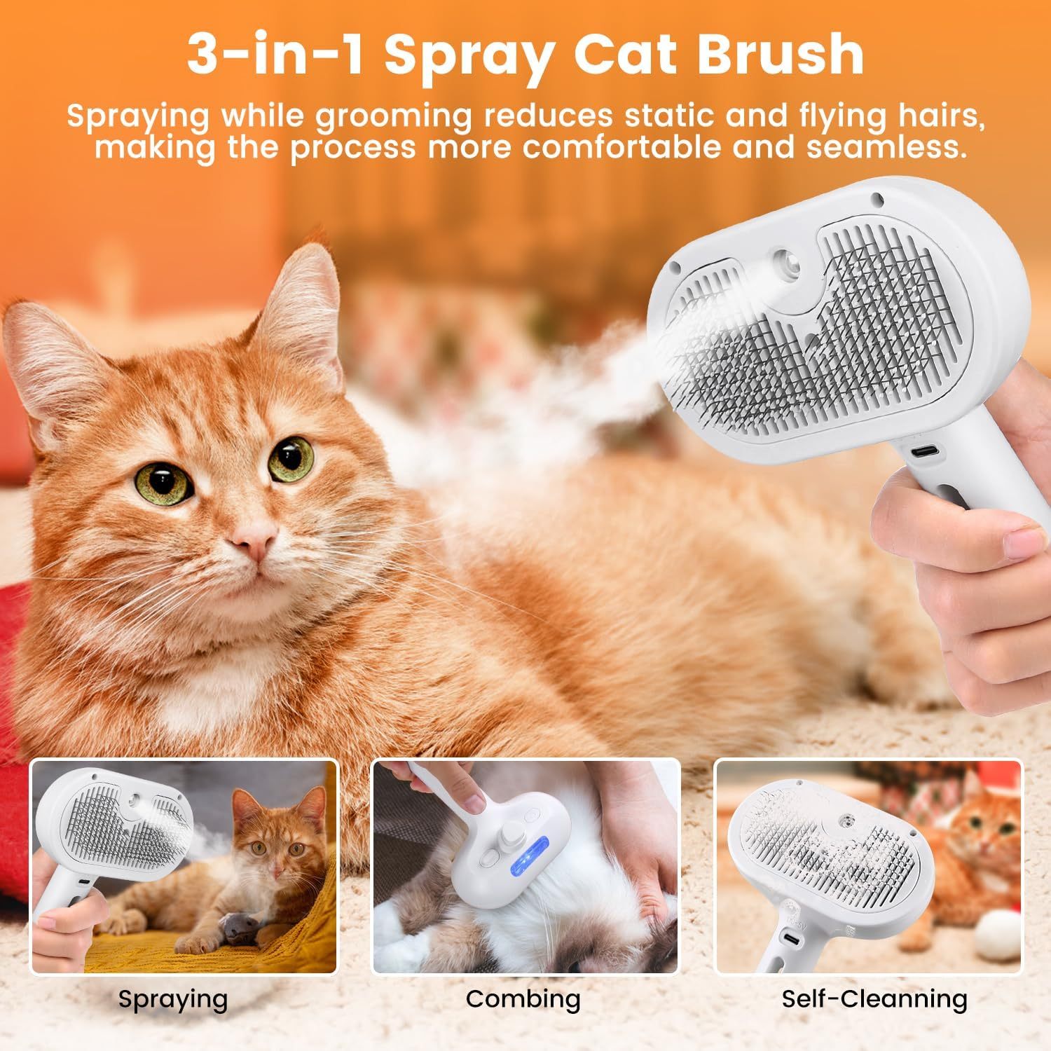 3 In 1 Cat Steam Brush, Pet Steam Brush For Cat Dog Long Short Haired, Pet Spray Hair Removal Comb For Small Animals Shedding & Grooming, Water Mist Spray Brushes With Release Button - Image 9