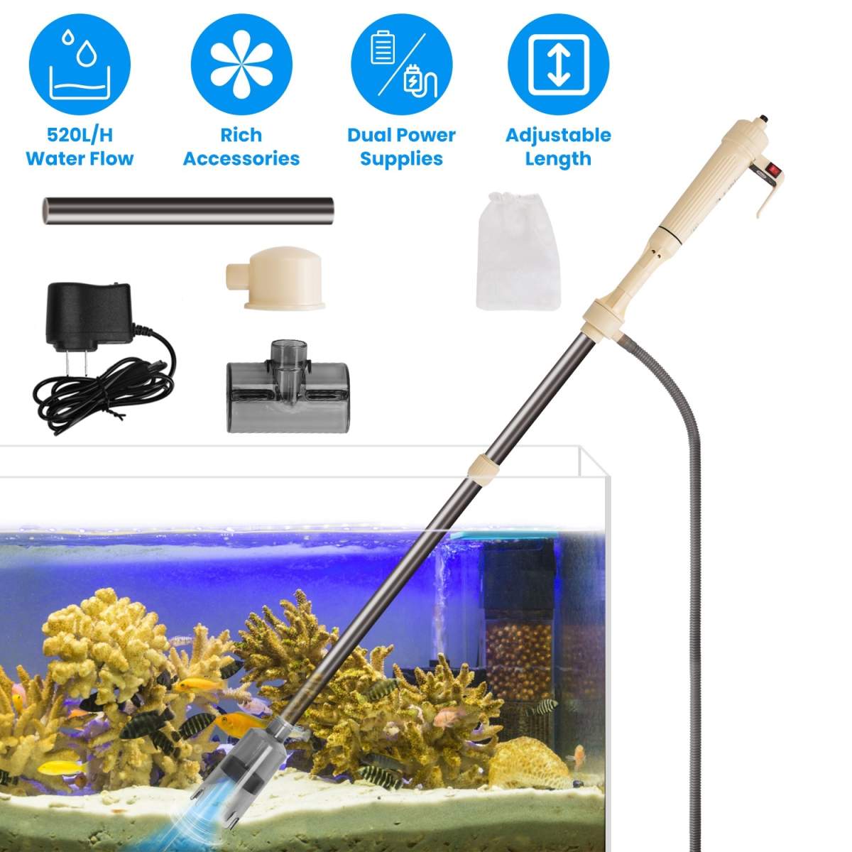 1 Set Multifunctional Electric Aquarium Gravel Cleaner Kit Length Adjustable Automatic Fish Tank Vacuum Cleaner Change Water Wash Sand Filter Dirt Removal