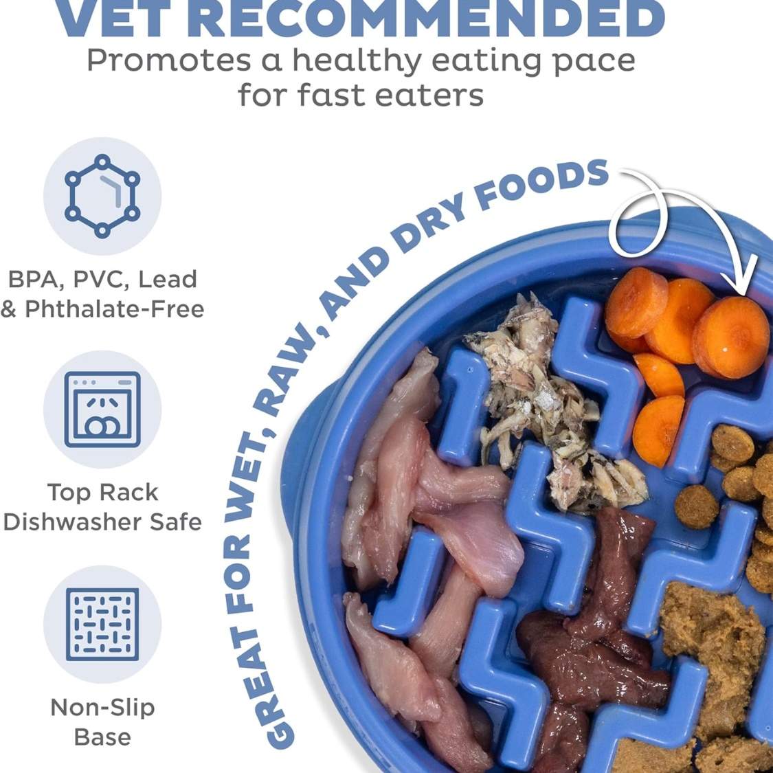 Feeder Slo Bowl Medium 2Cup Capacity, Slow Feeding, Small To Medium Dogs Cats, Non Slip, Blue, Notch Pattern - Image 5