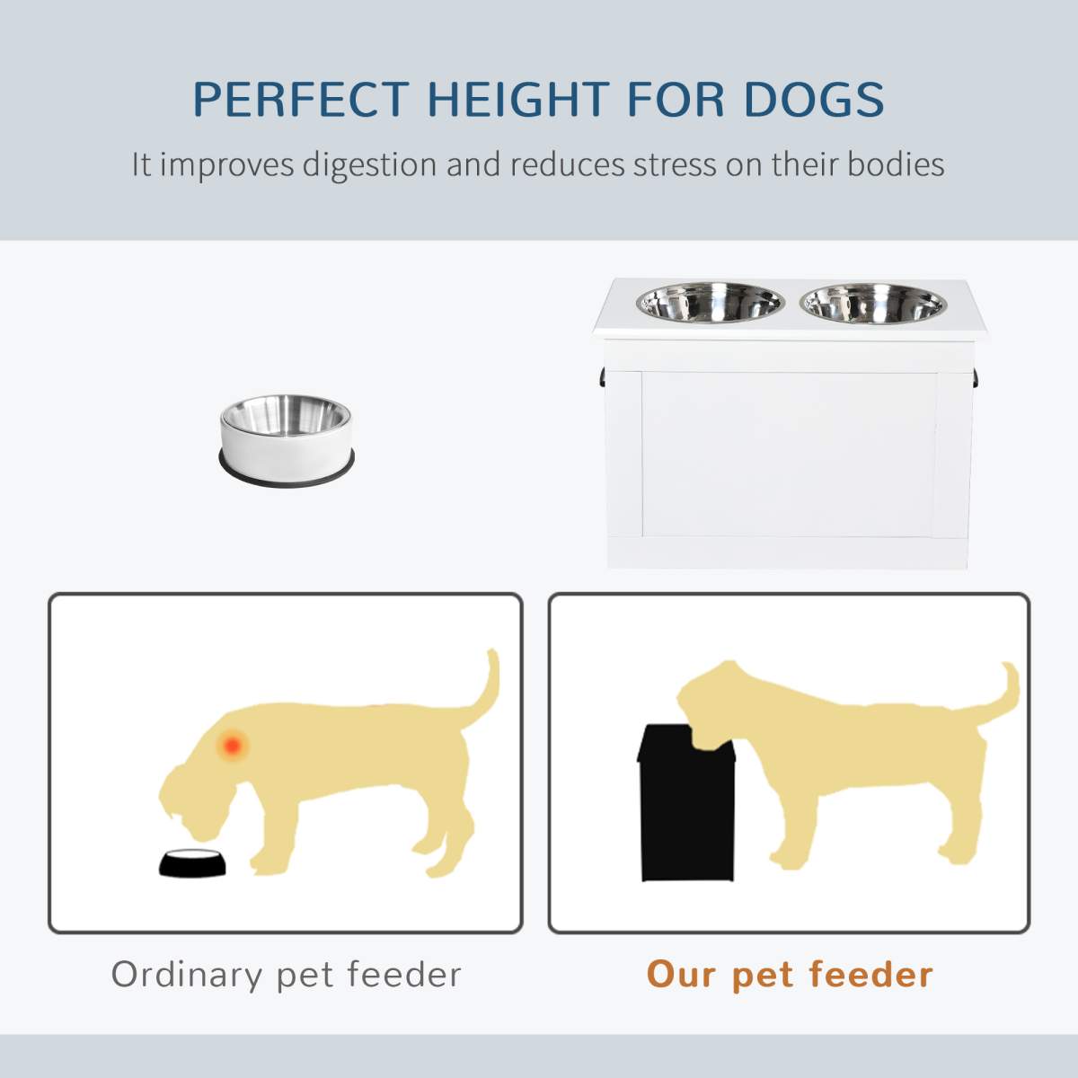 Raised Pet Feeding Storage Station with 2 Stainless Steel Bowls Base for Large Dogs and Other Large Pets, White - Image 2