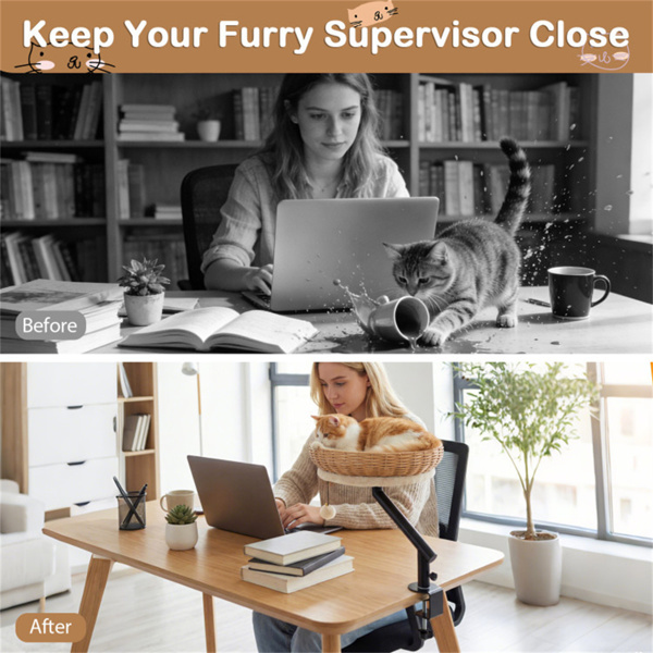 360 Rotatable Desktop Cat Bed Perch, 2-in-1 Workspace Cat Retreat With Jingling Ball Natural Black White - Image 3