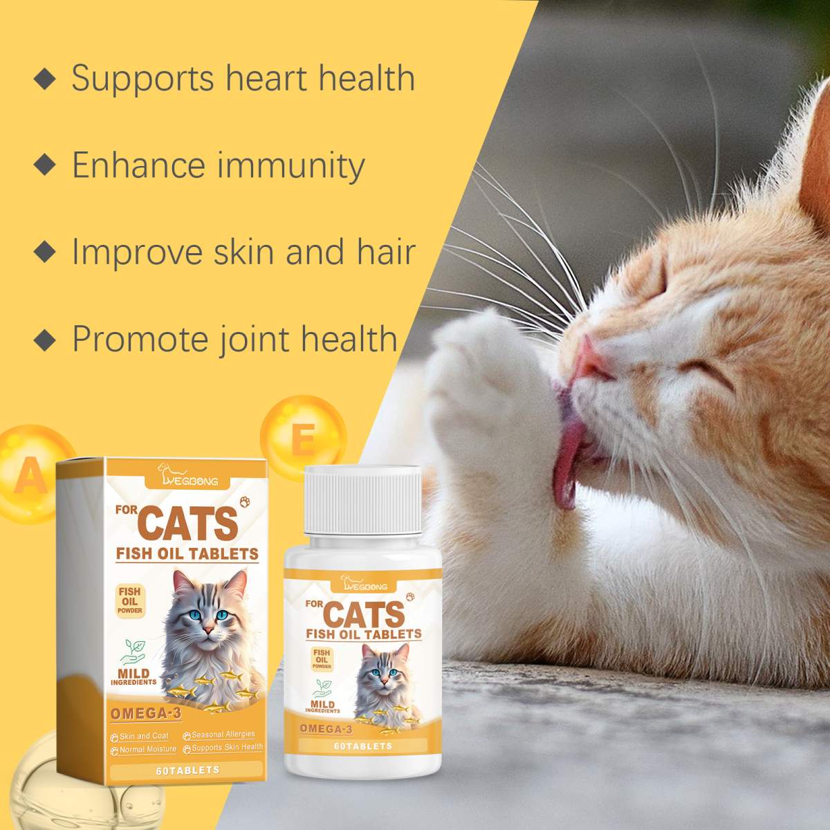 Cat 3 Fish Oil Tablets, Multivitamin Skin & Coat Supplement For Cats, Support Immune, Heart & Bone Health, 60 Chewable Tablets - Image 9
