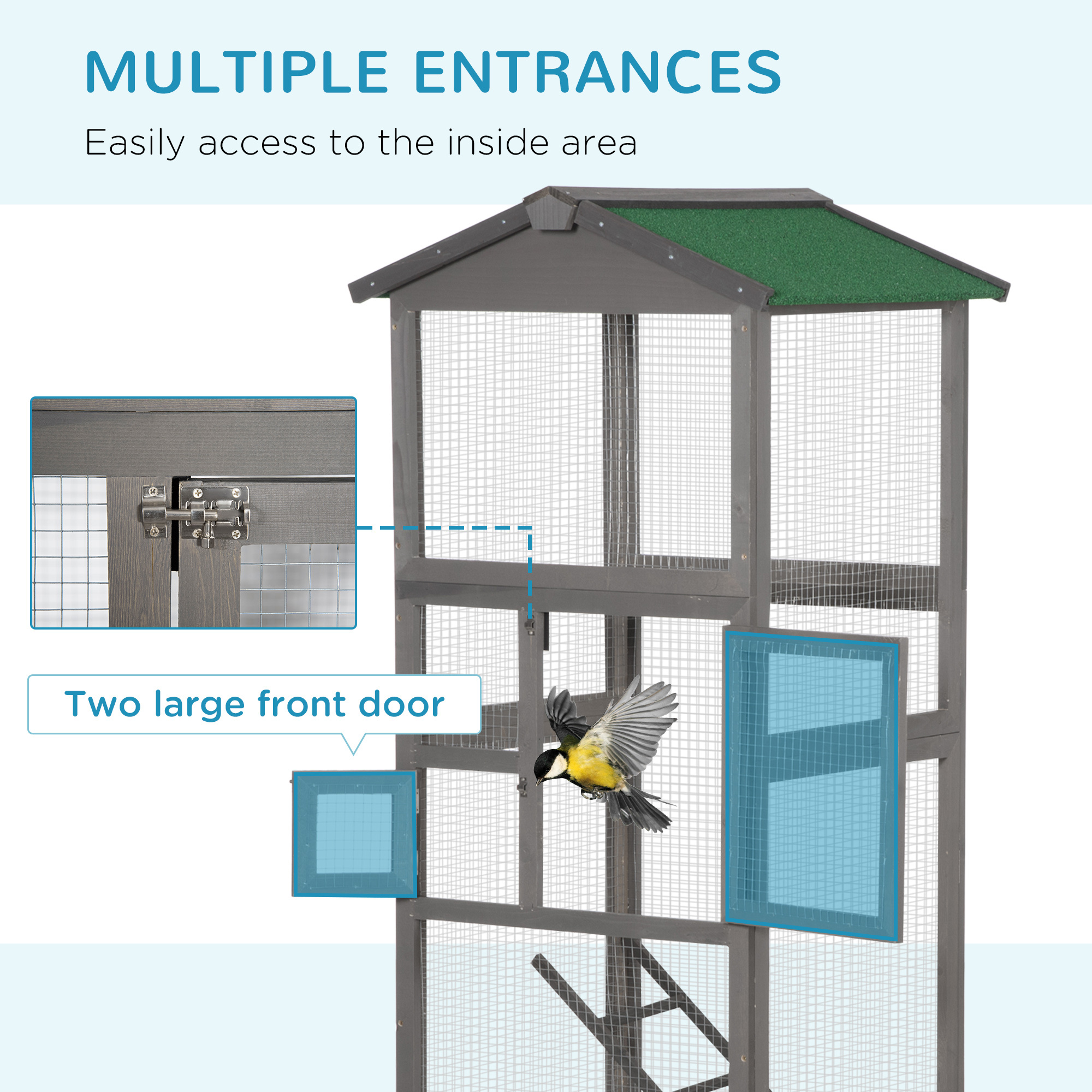65" Wooden Bird Cage Outdoor Aviary House for Parrot, Parakeet, with Pull Out Tray and 2 Doors, Grey - Image 3