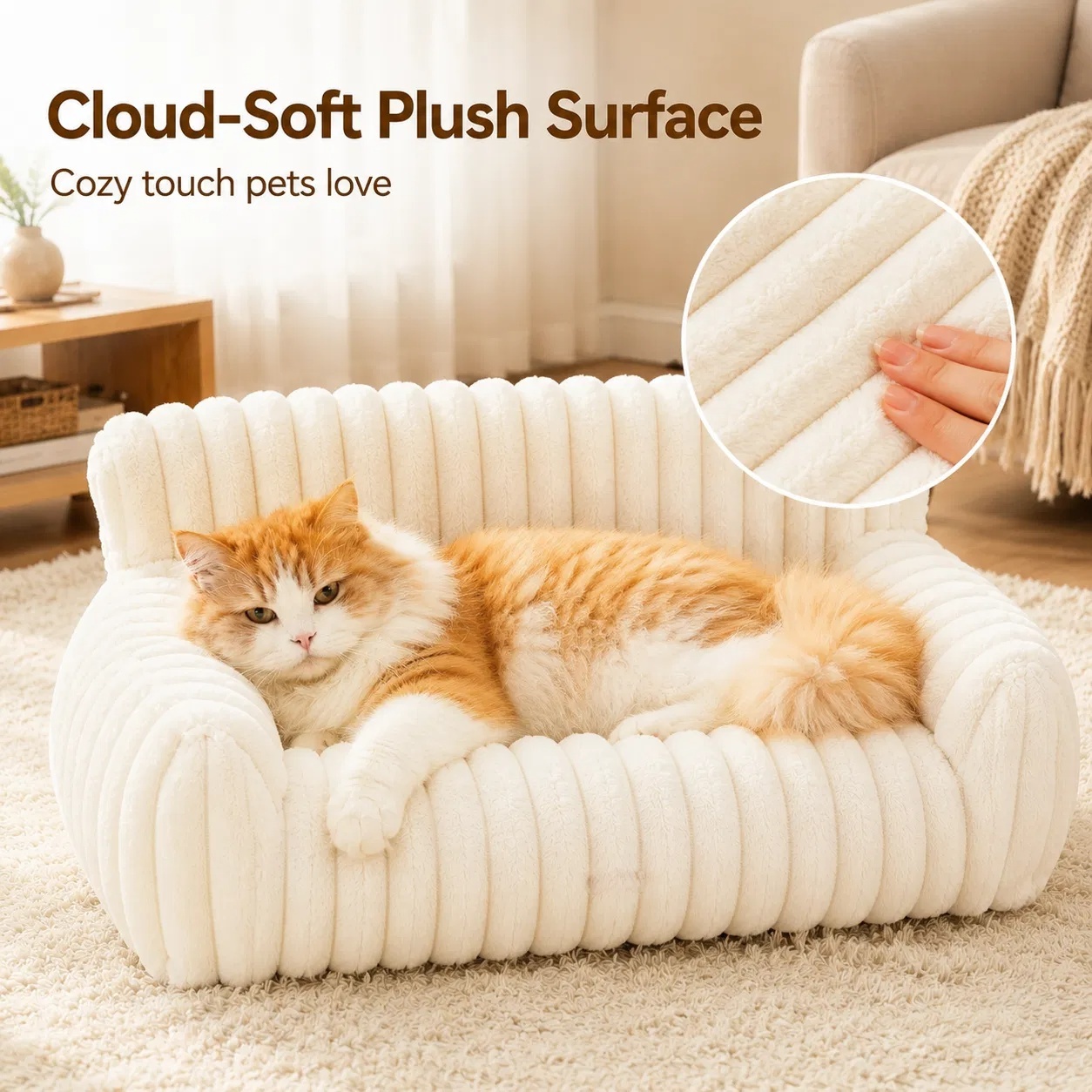 Cute Cat Couch For Pets - Fluffy Cat Beds With Premium Soft Corduroy Fleece, Fuzzy Cats Beds For Indoor Cats With Removable Washable Cover, Supportive Pet Sofa - Image 3