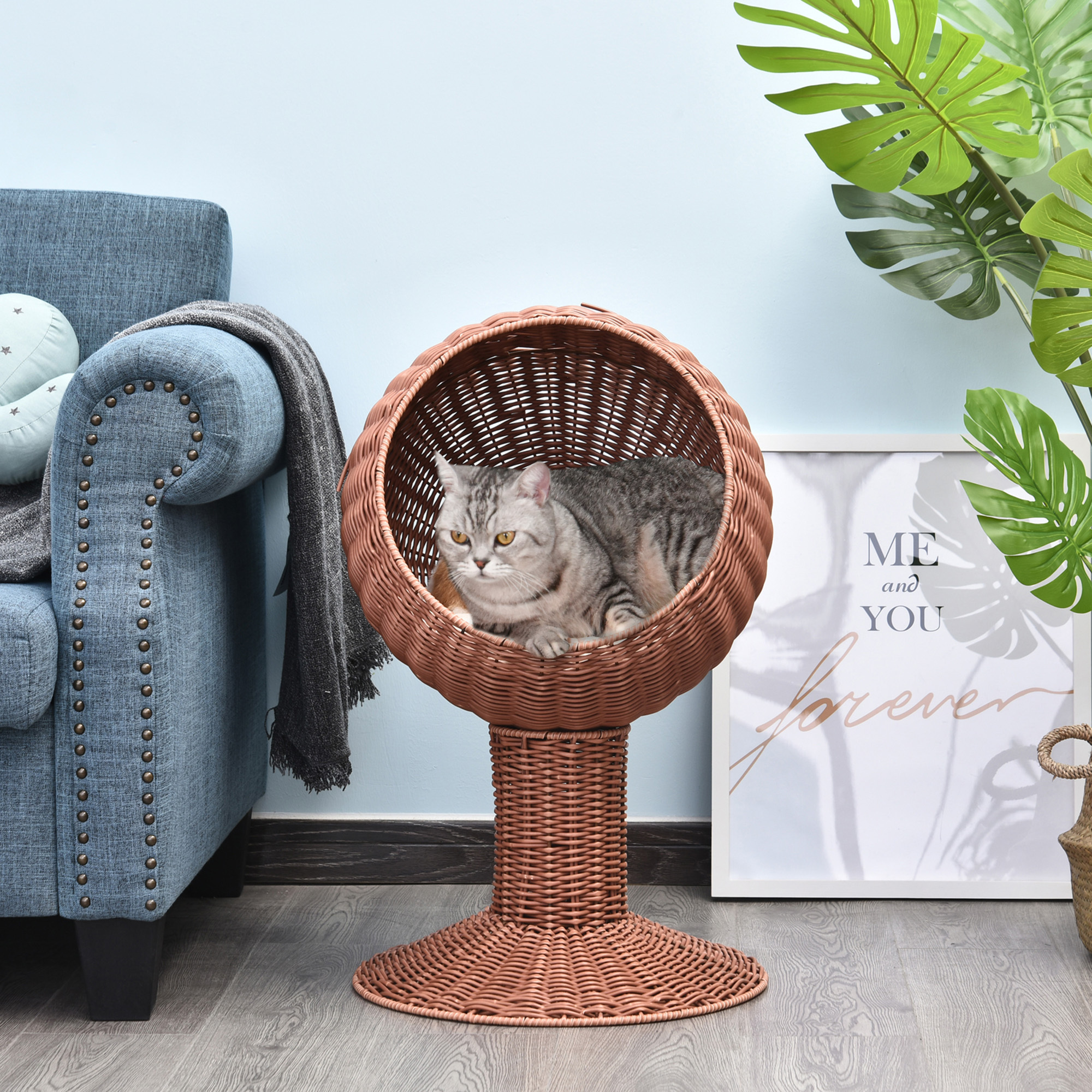 Elevated Cat Bed with Rotatable Egg Chair Pod, Cat Basket Bed with Thick Cushion, Natural Mat Grass Woven Kitty House, Brown - Image 4