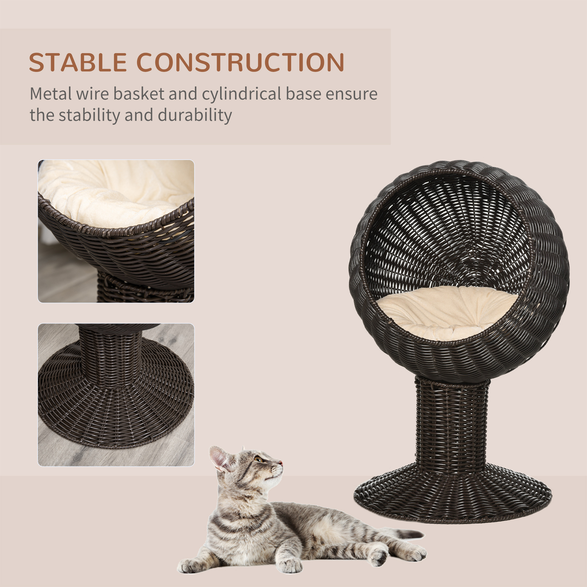 Elevated Cat Bed with Rotatable Egg Chair Pod, Cat Basket Bed with Thick Cushion, Natural Mat Grass Woven Kitty House, Coffee - Image 5