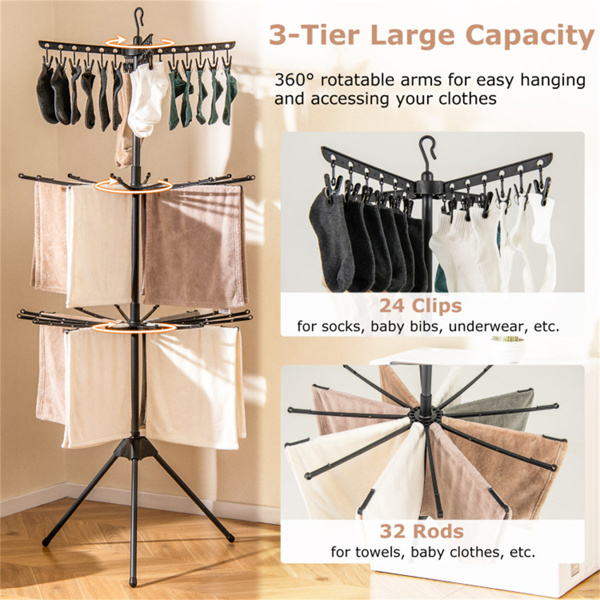 3-Tier Foldable Tripod Clothes Drying Rack With 24 Clips & 32 Rods, 70 Space Saving Laundry Dryer - Image 6