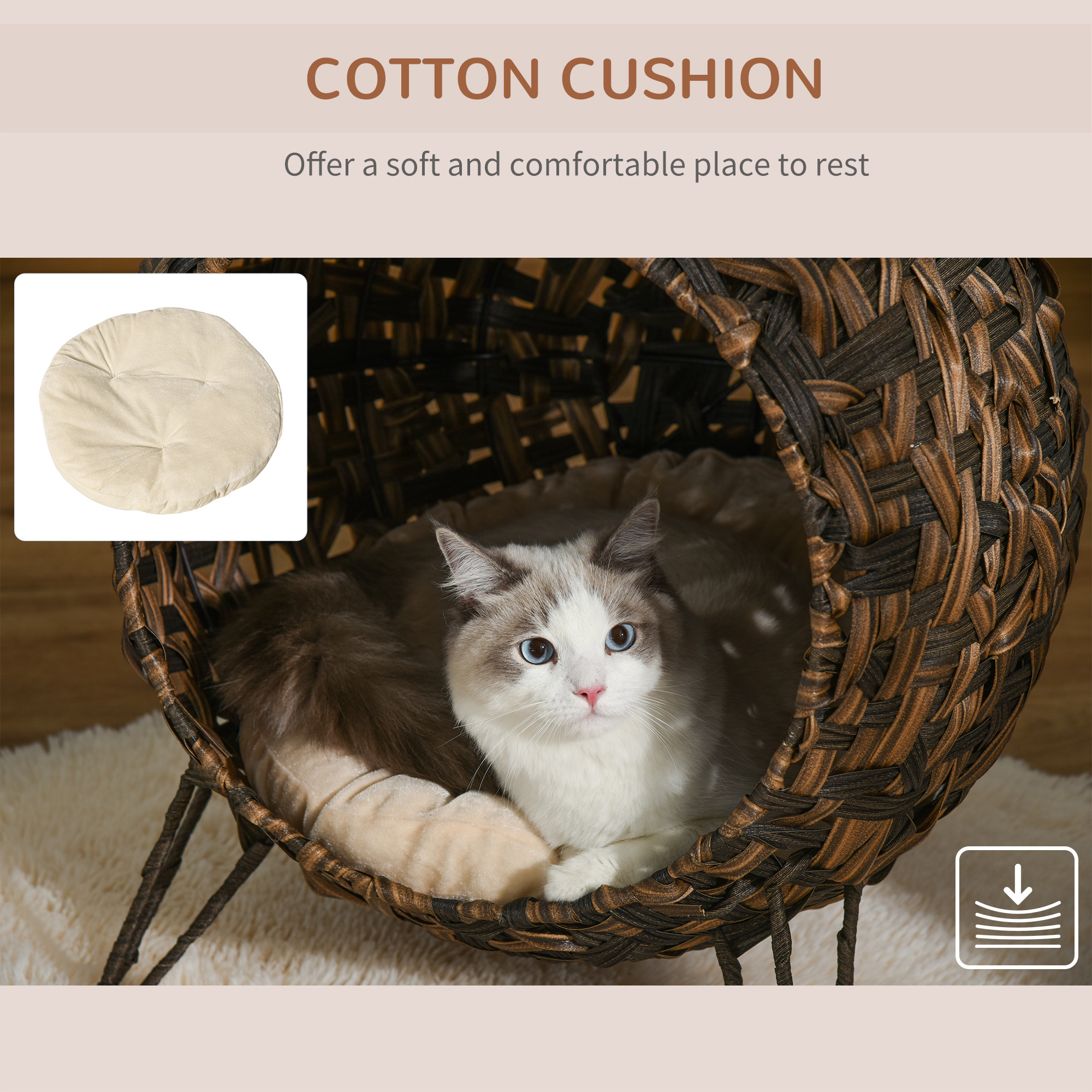 20.5" Weaved Cat Bed, Elevated Hand-woven Braided Banana Leaf Kitten House Condo with Cushion, Brown - Image 3