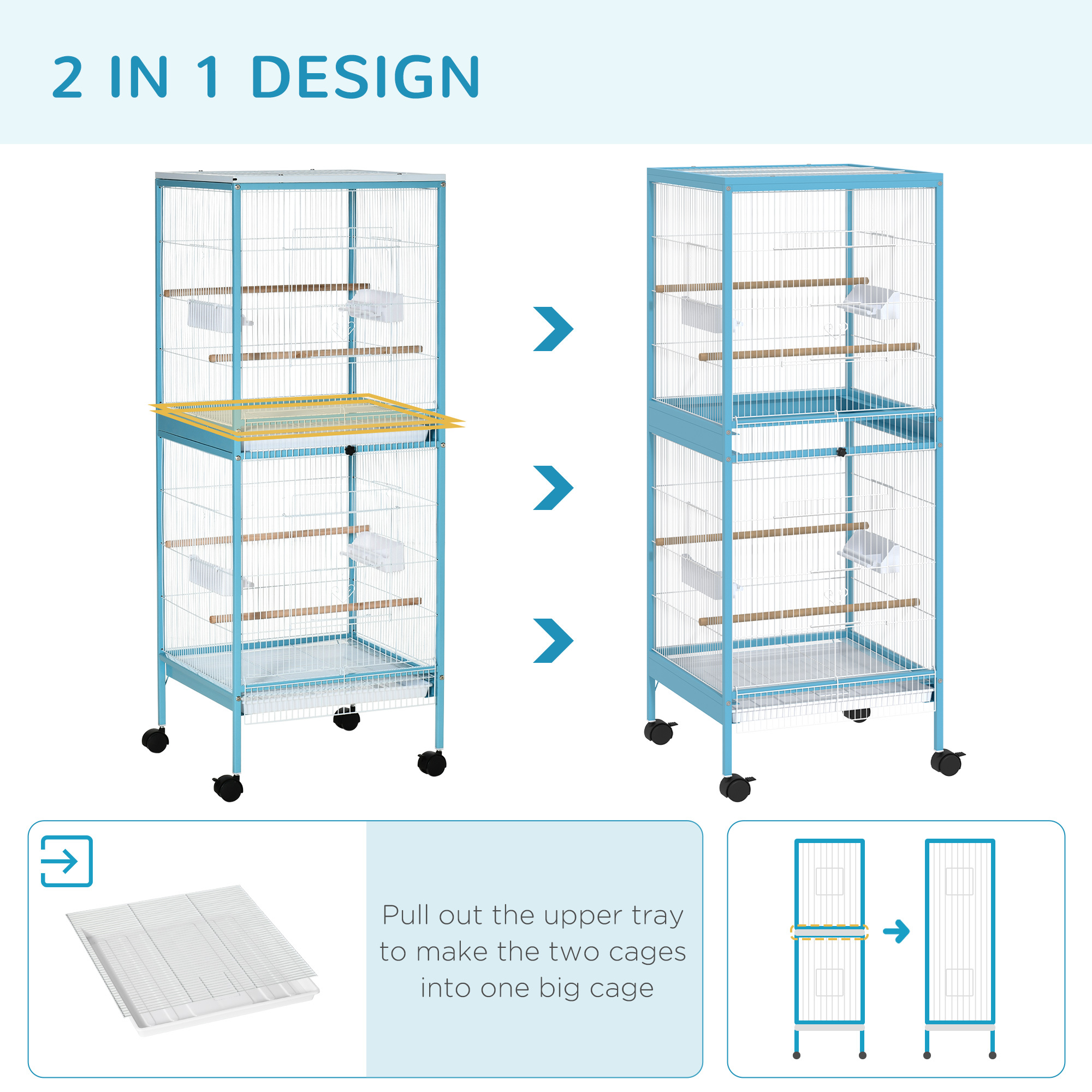 55" 2 In 1 Bird Cage Aviary Parakeet House for finches, budgies with Wheels, Light Blue - Image 7