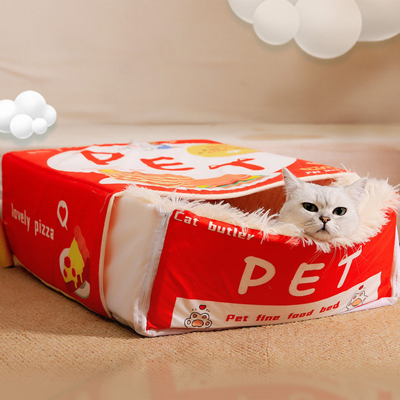 Snack Box Cat Bed Cartoon Rectangular Fully Enclosed Four Season Universal Multifunctional Soft Pet Bed For Home Travel Red - Image 3