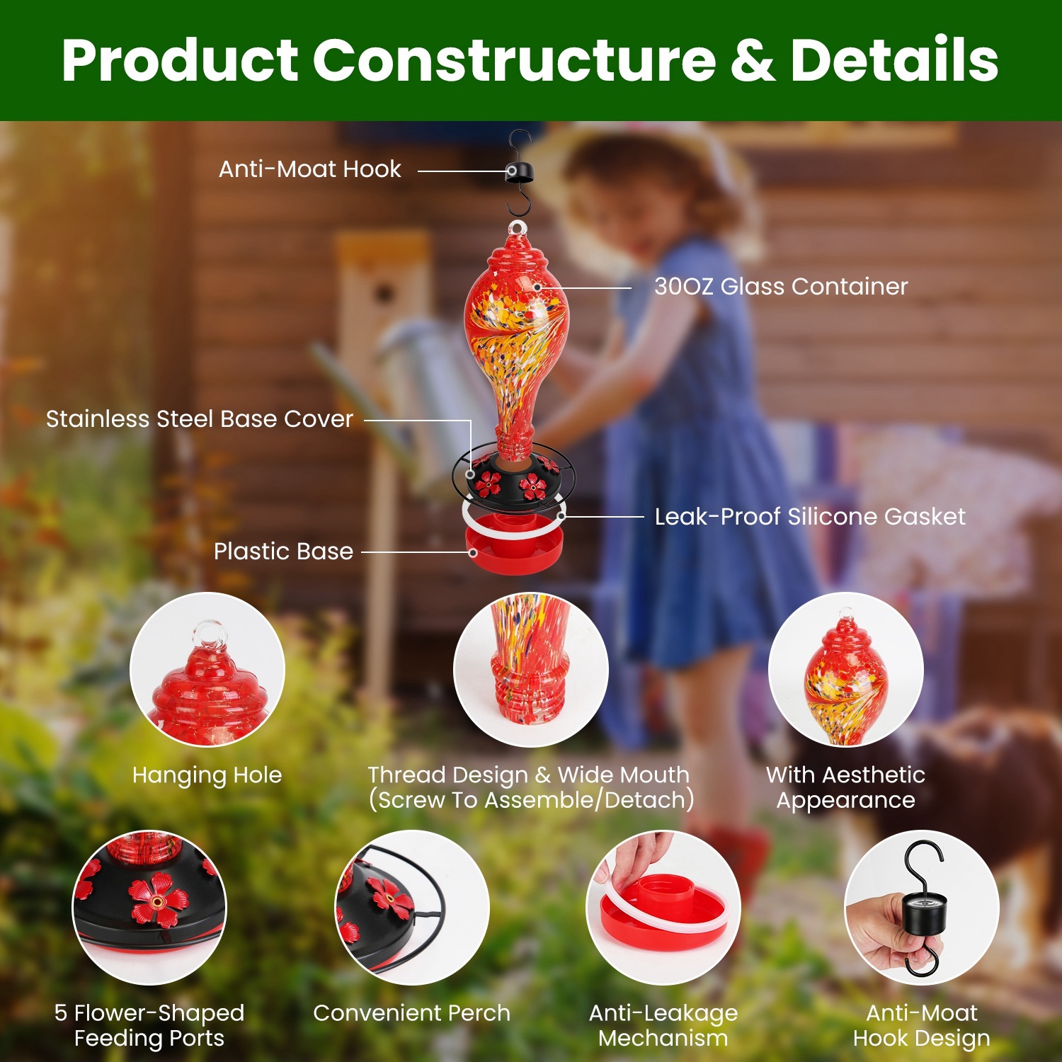 1Pc Glass Hummingbird Feeder 33OZ Hand Blown Hummingbird Feeder With 5 Flower Feeding Port Perch Ant Moat Hanging Hook S Hook Hemp Rope Cleaning Brush For Garden Decor - Image 6