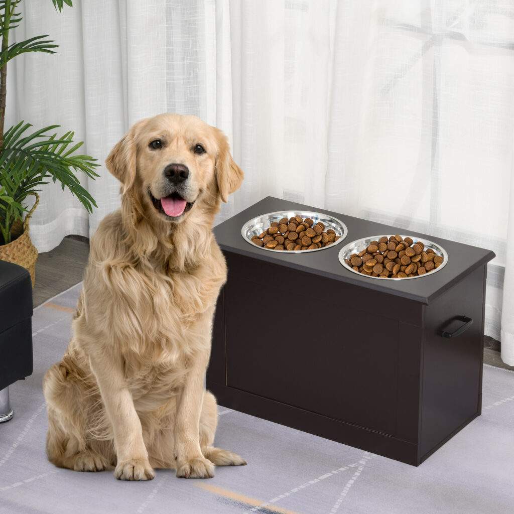 Raised Pet Feeding Storage Station with 2 Stainless Steel Bowls Base for Large Dogs and Other Large Pets, Coffee