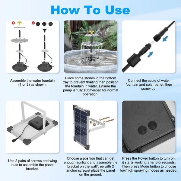 3-Tier Solar Bird Bath Fountain Solar Powered Water-Pump Waterfall Feature With Colorful Light 3 Nozzles 6W Solar Panel For Bird Bath Patio Yard Pond Garden - Image 2
