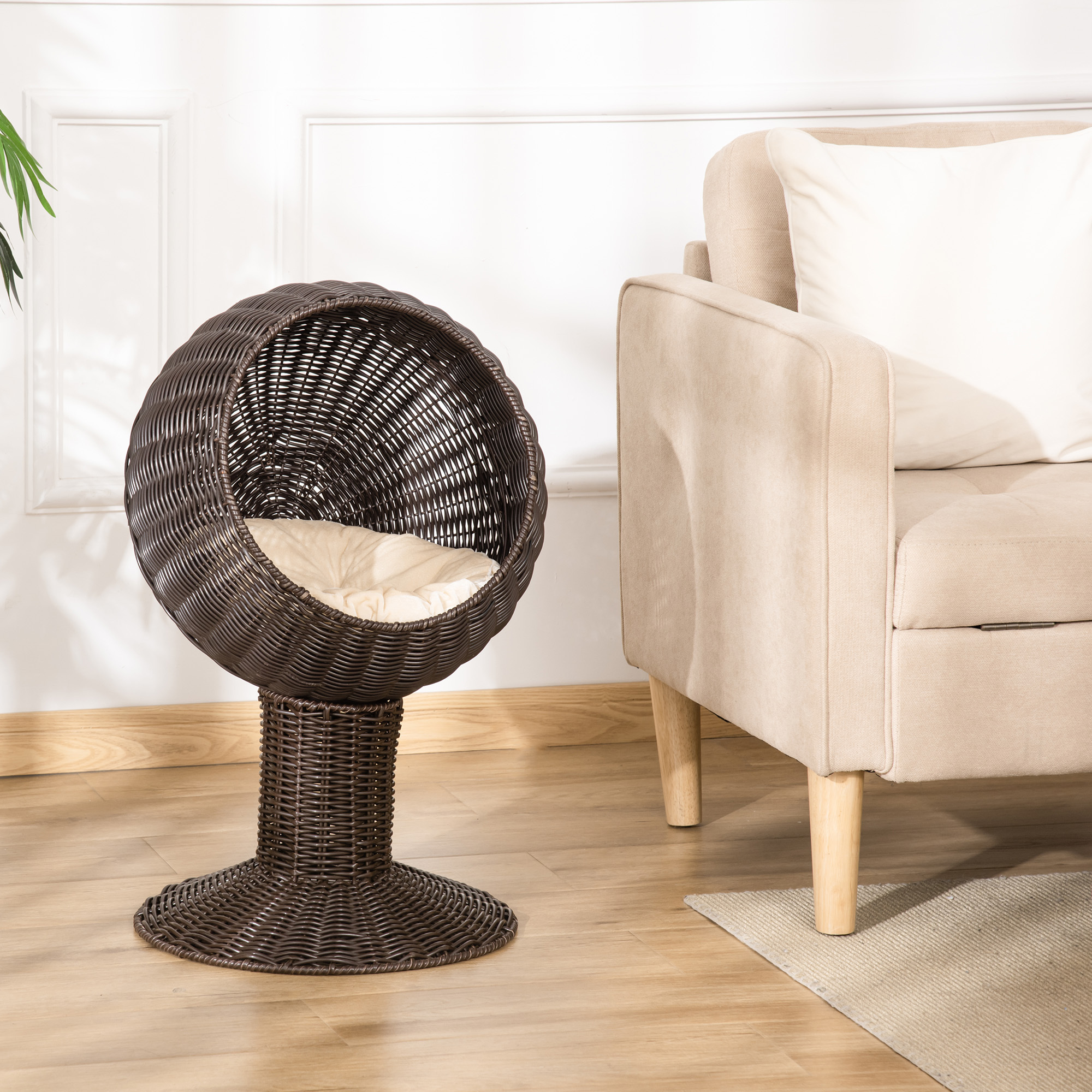Elevated Cat Bed with Rotatable Egg Chair Pod, Cat Basket Bed with Thick Cushion, Natural Mat Grass Woven Kitty House, Coffee - Image 3