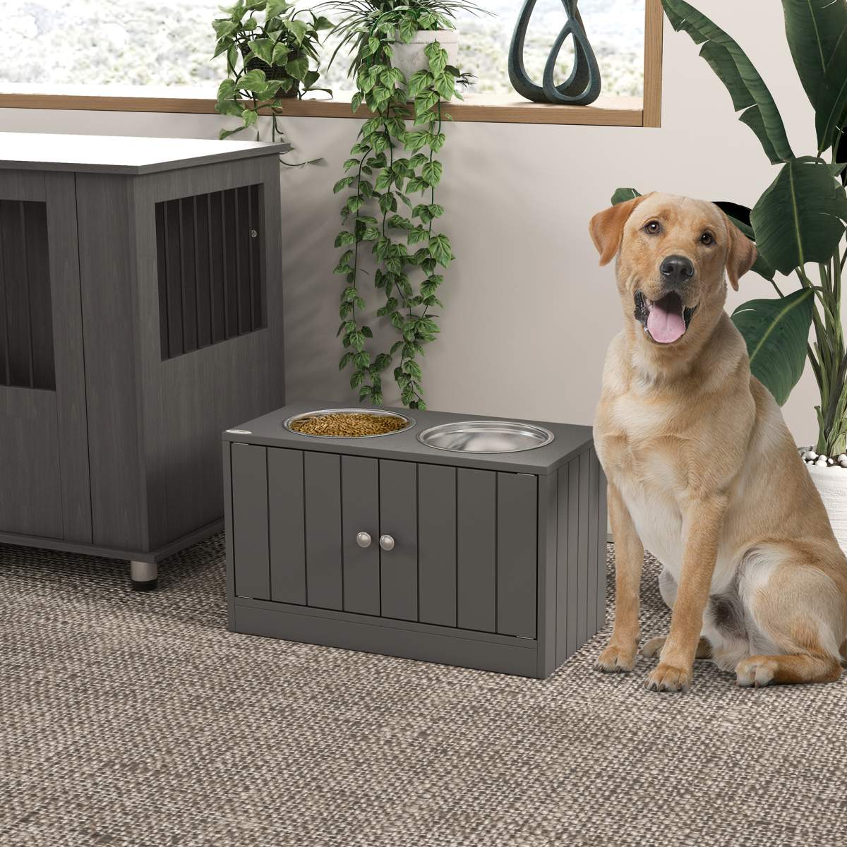 Elevated Dog Bowls with Storage Cabinet Containing Large 44L Capacity, Gray - Image 2