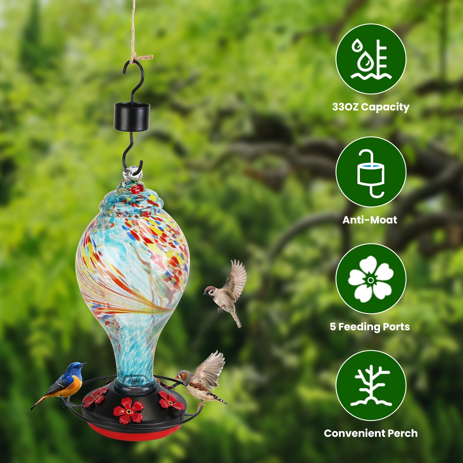 1Pc Glass Hummingbird Feeder 33OZ Hand Blown Hummingbird Feeder With 5 Flower Feeding Port Perch Ant Moat Hanging Hook S Hook Hemp Rope Cleaning Brush For Garden Decor - Image 8