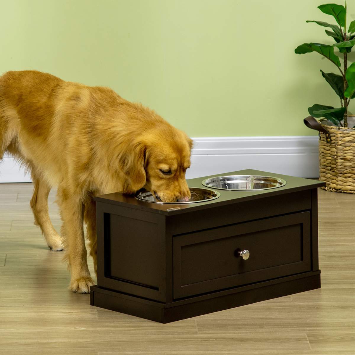 Large Elevated Dog Bowls with Storage Drawer Containing 11L Capacity, Raised Dog Bowl Stand Pet Food Bowl Dog Feeding Station, Brown - Image 5