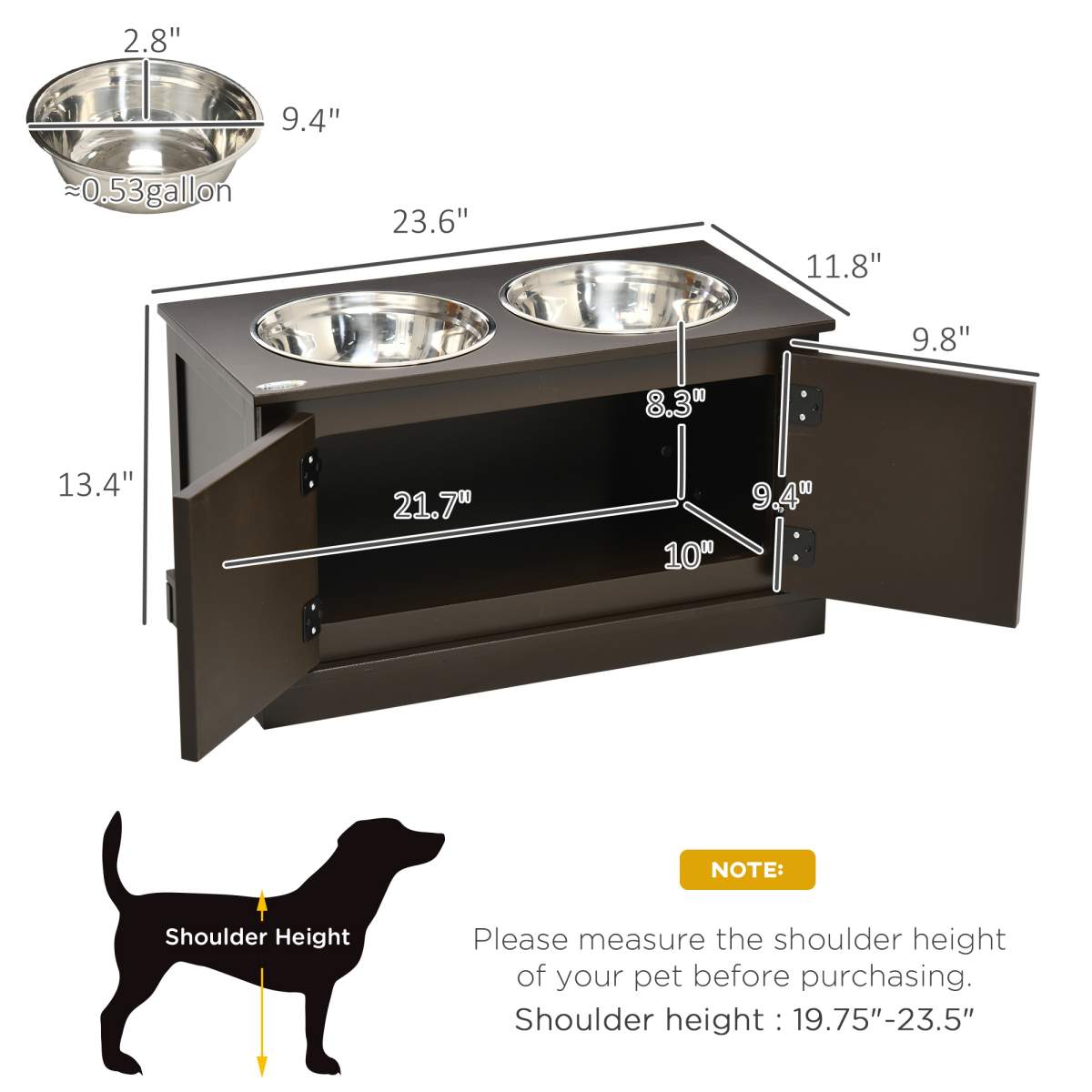 Elevated Dog Bowls with Storage, Two Stainless Steel Bowls for Large Dogs, Coffee - Image 4