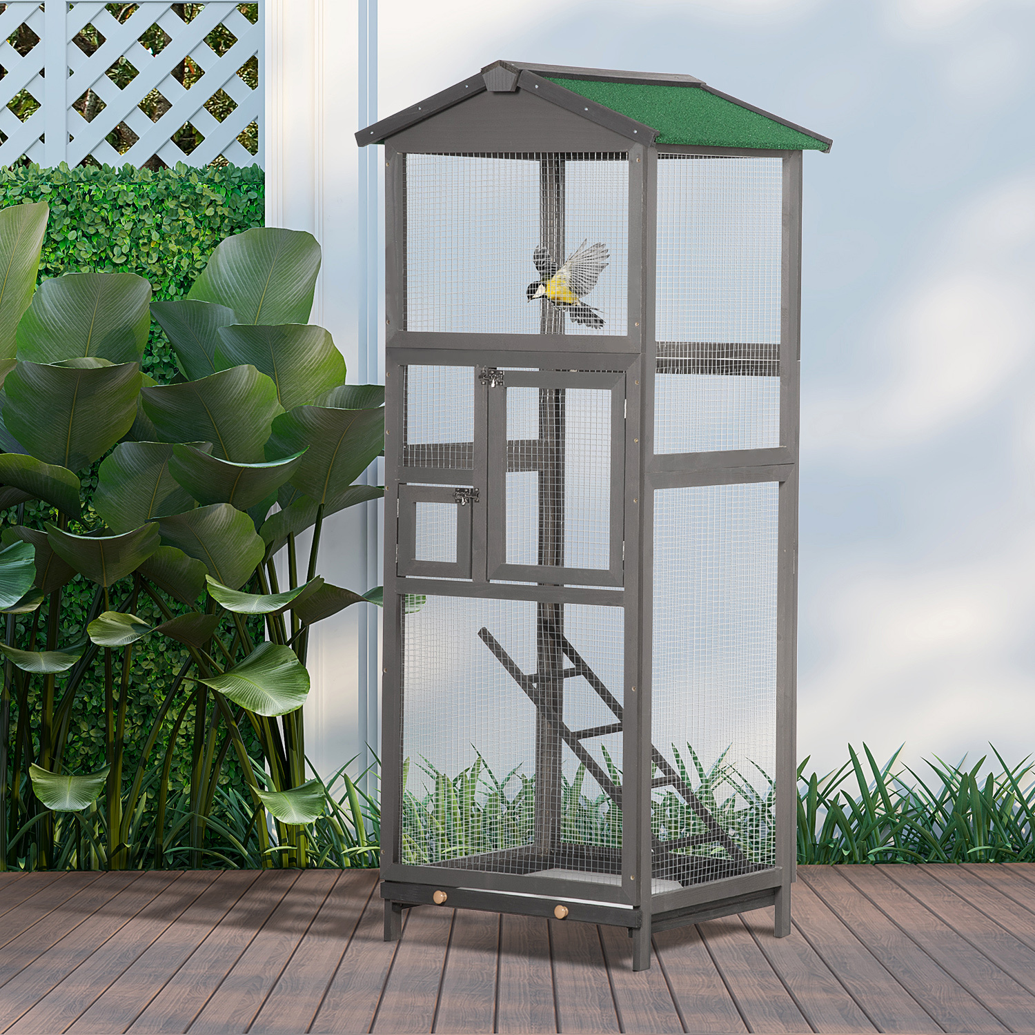 65" Wooden Bird Cage Outdoor Aviary House for Parrot, Parakeet, with Pull Out Tray and 2 Doors, Grey - Image 6