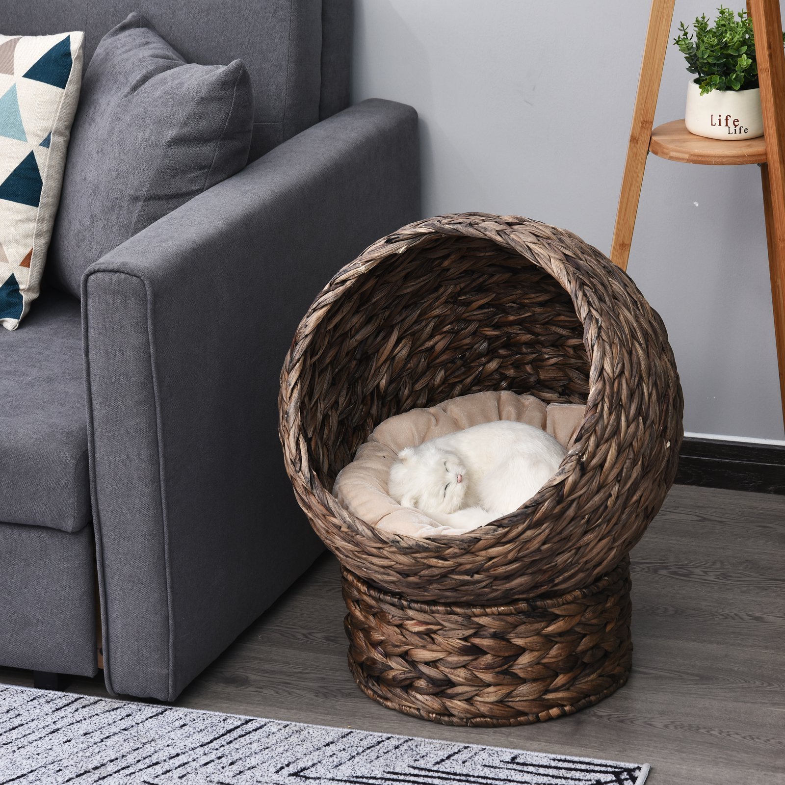 Handwoven Elevated Cat Bed with Rotating Basket and Soft Cushion, Wicker Cat Egg Chair with Stand, Brown - Image 2