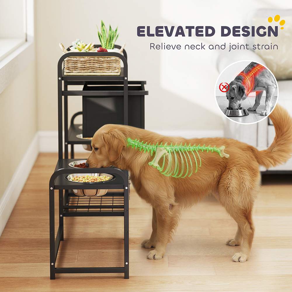 3 Height Adjustable Dog Bowl Stand Oxford Fabric With Features Four Bowls, Toy Bin Basket - Image 2