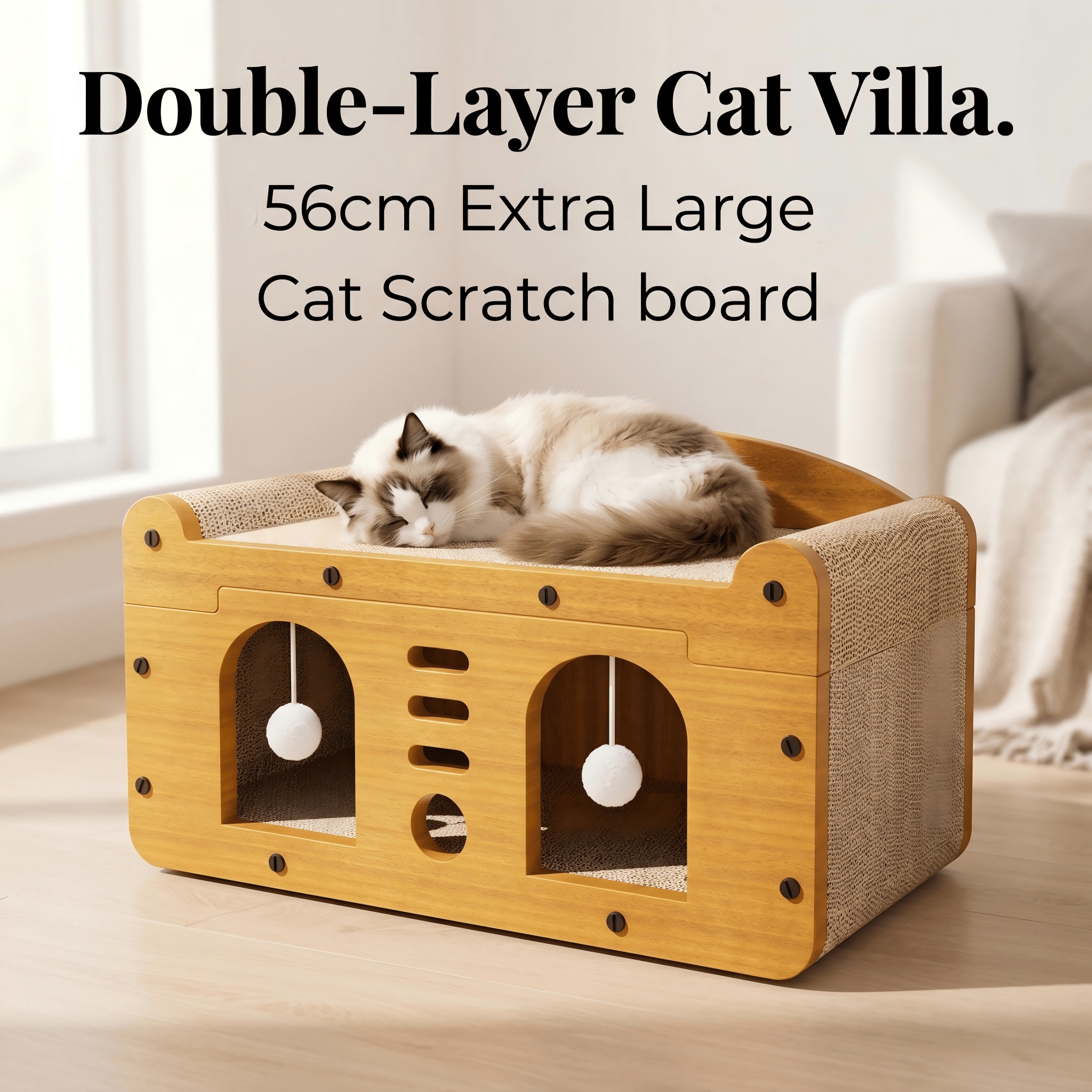 Multi-Style Double-Layer Cat Scratcher House, 2-Tier Large Cat Villa Bed With Corrugated Cardboard, Interactive Hanging Balls & Ergonomic Neck Support, Furniture-Saving Hideaway Cave For Indoor Cats - Image 5