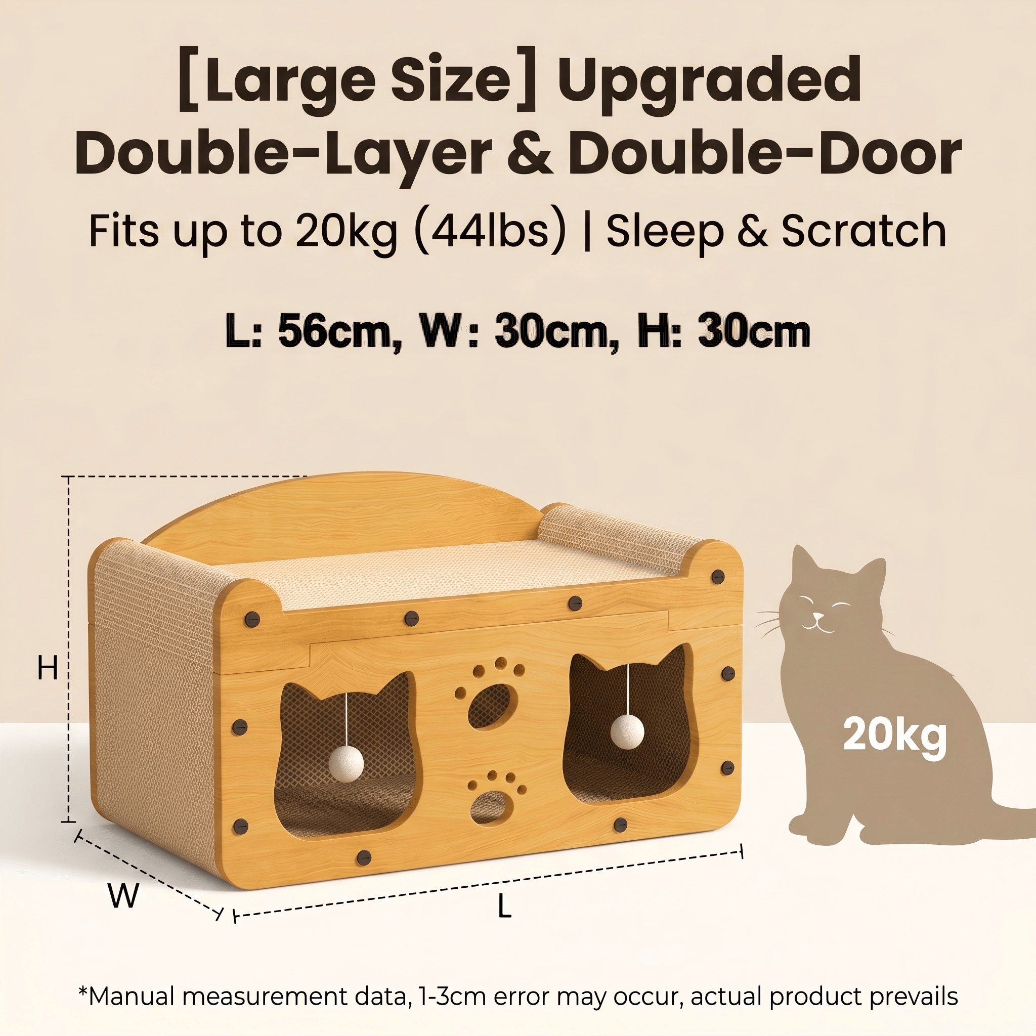 Multi-Style Double-Layer Cat Scratcher House, 2-Tier Large Cat Villa Bed With Corrugated Cardboard, Interactive Hanging Balls & Ergonomic Neck Support, Furniture-Saving Hideaway Cave For Indoor Cats - Image 6