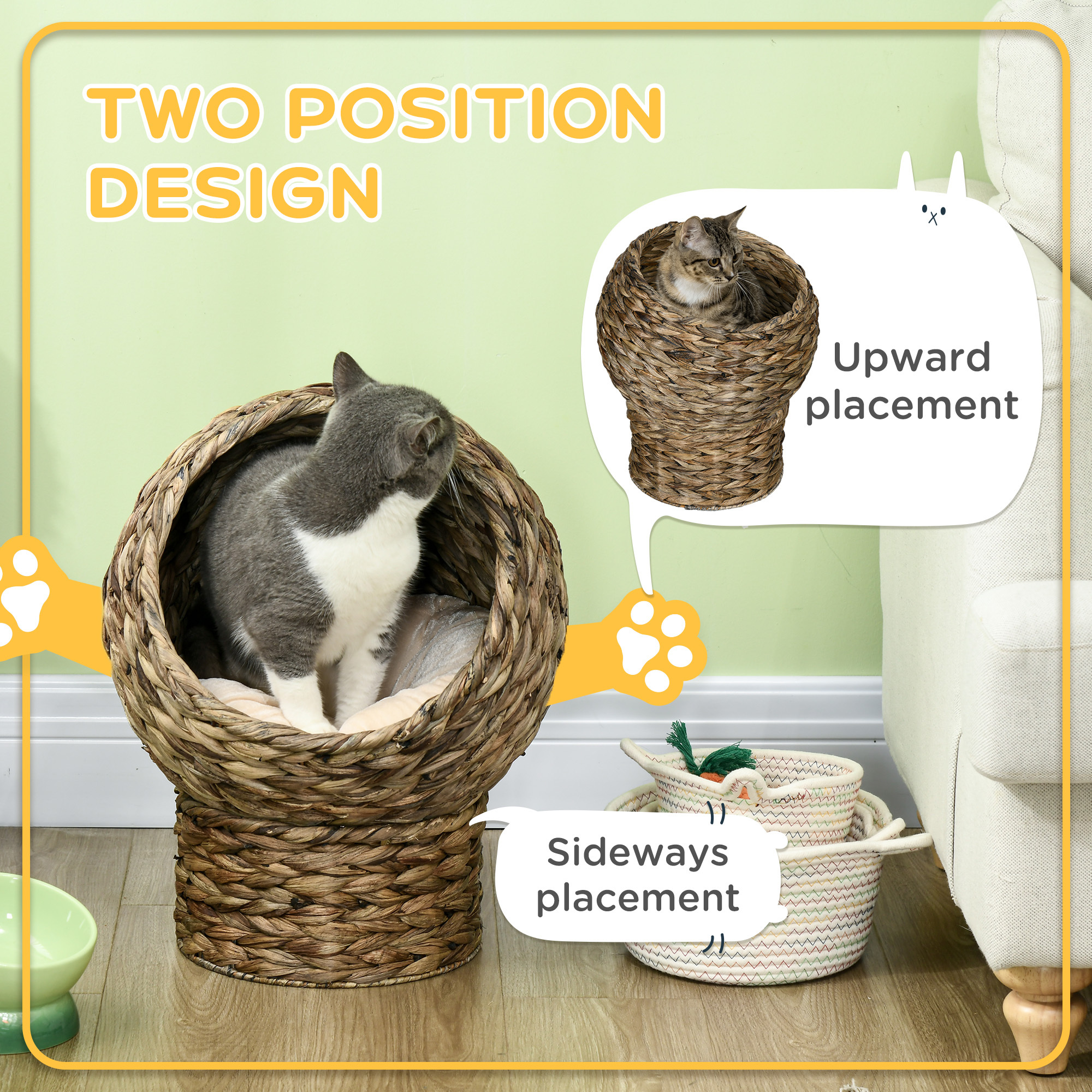 Handwoven Elevated Cat Bed with Soft Cushion & Egg Chair Shape, Basket Bed Kitty House with Stand, Raised Wicker House for Indoor Cats, 20" H, Gray - Image 7