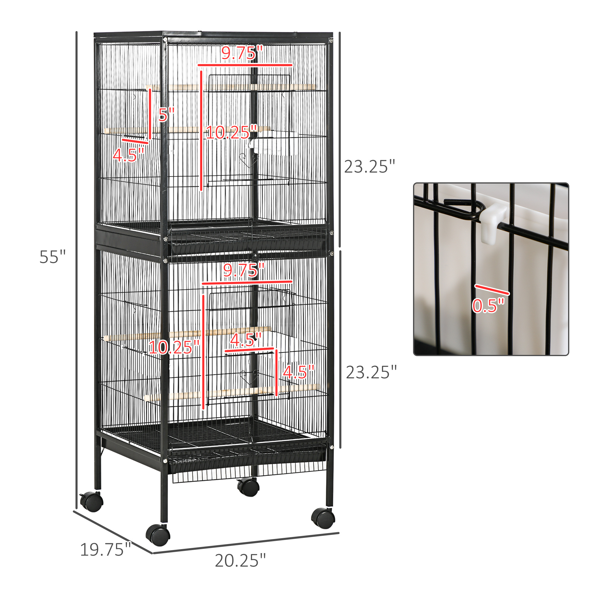 55" 2 In 1 Bird Cage Aviary Parakeet House for finches, budgies with Wheels, Black - Image 8