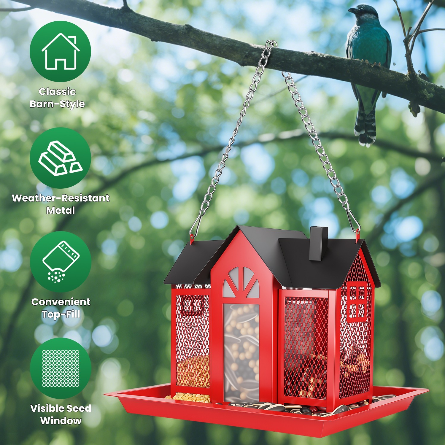 1Pc Metal Hanging Bird Feeder House Classic Barn Bird Feeder House Iron Hanging Outdoor Feeder With Visible Window And Lift Top Lid 15.75in Hanging Length Wild Birds Garden Yard - Image 5