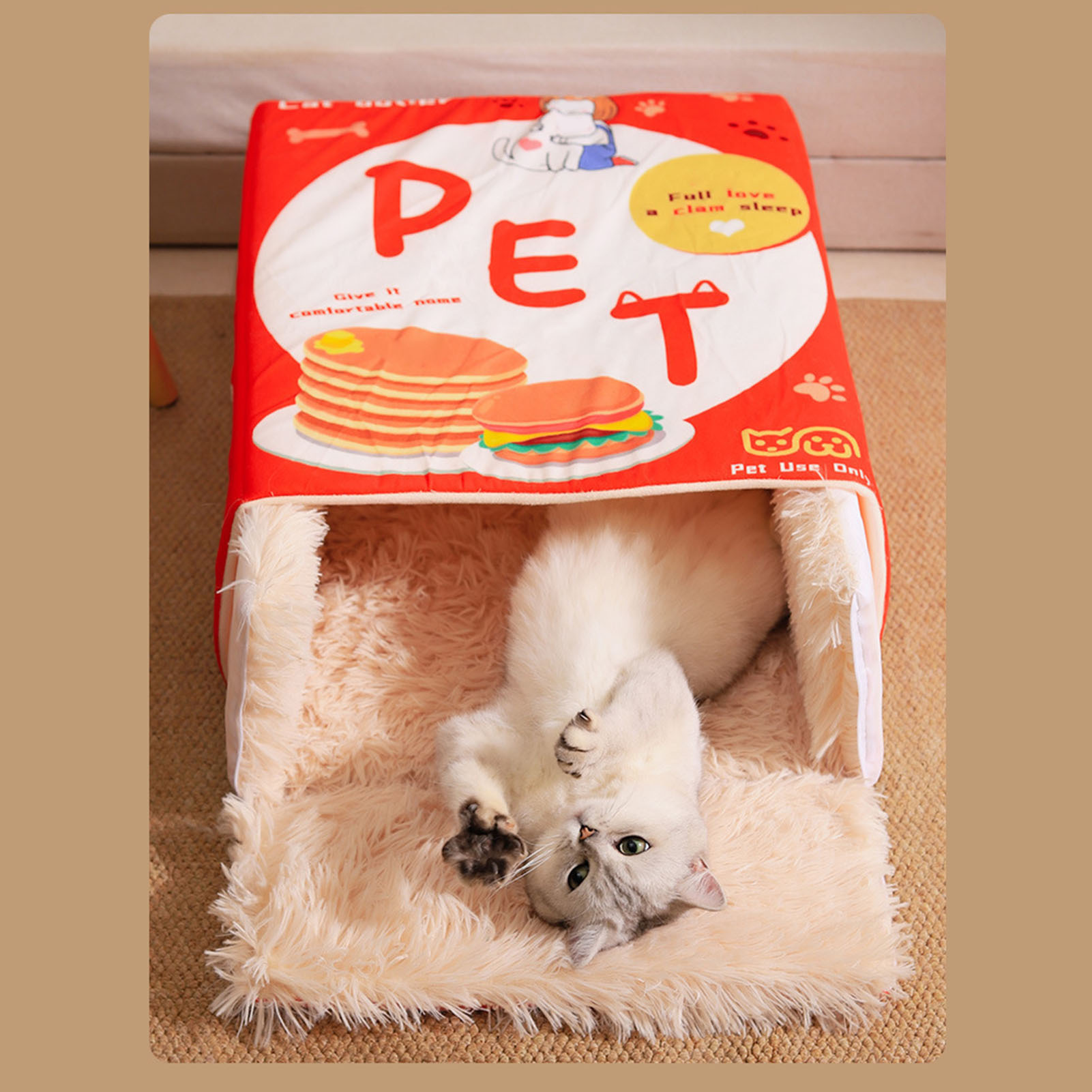 Snack Box Cat Bed Cartoon Rectangular Fully Enclosed Four Season Universal Multifunctional Soft Pet Bed For Home Travel Red - Image 2